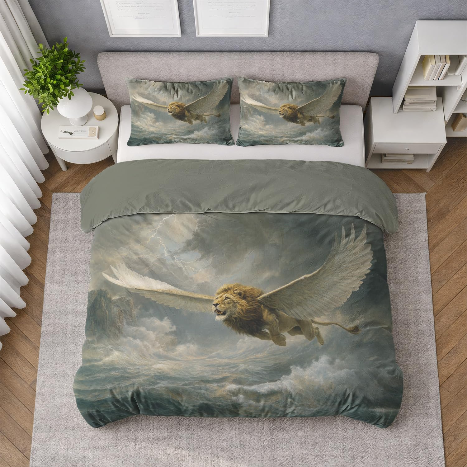 Generisch Pościel 140 x 200 cm, Aesthetic jasnobeżowa pościel dla alergików, 4 pory roku, miękka i nie wymaga prasowania, zestaw pościeli z mikrofibry, z fantazyjnym wzorem skrzydlatego lwa