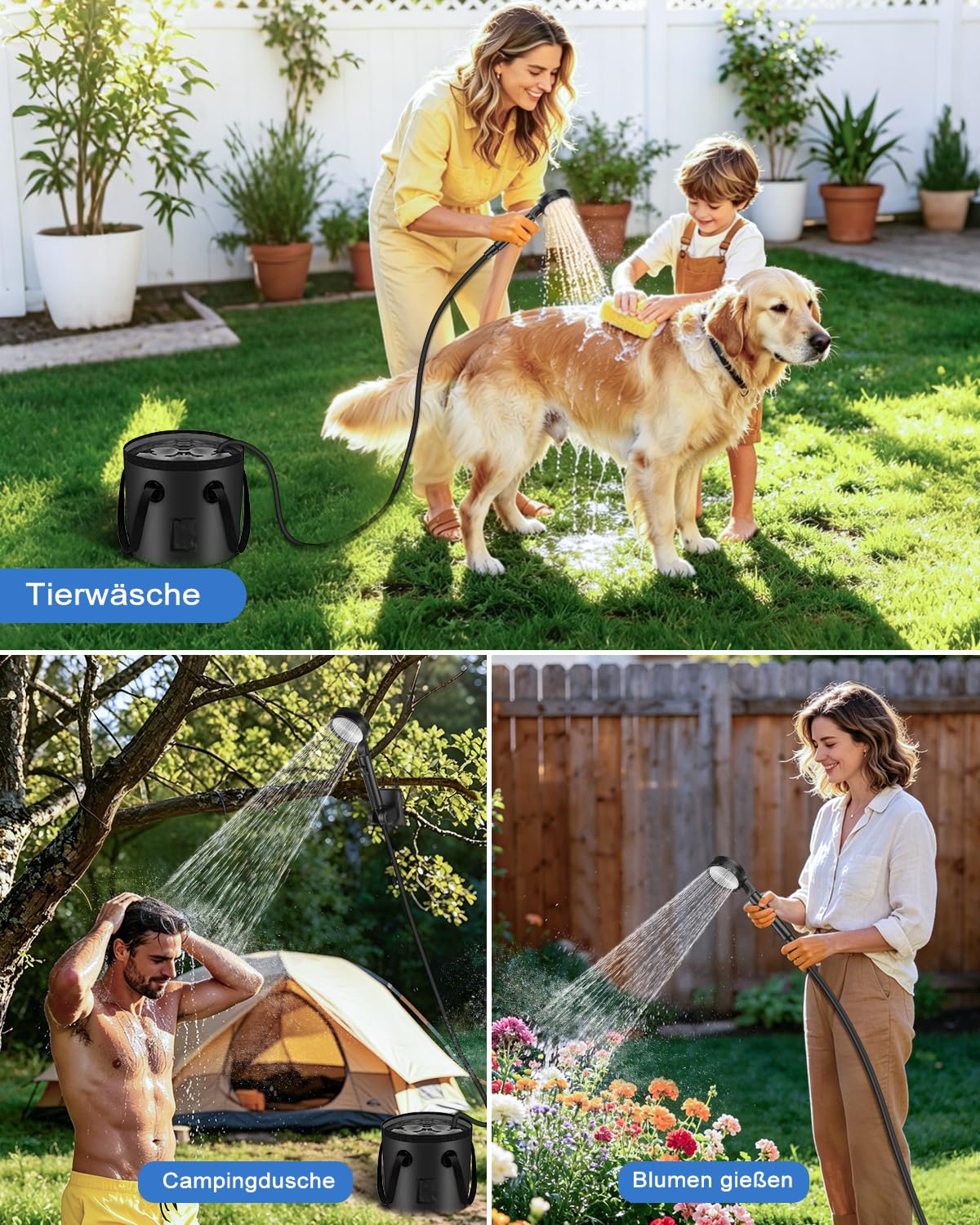 Tragbare Campingdusche mit 13000mAh EXTRA-LANGZEIT Akku, Mobile Outdoor Dusche mit Pumpe, Pausenfunktion & Temperaturanzeige für Mehrtägiges Camping, Mehrfache Tierwäsche & Langfristige Autowäsche