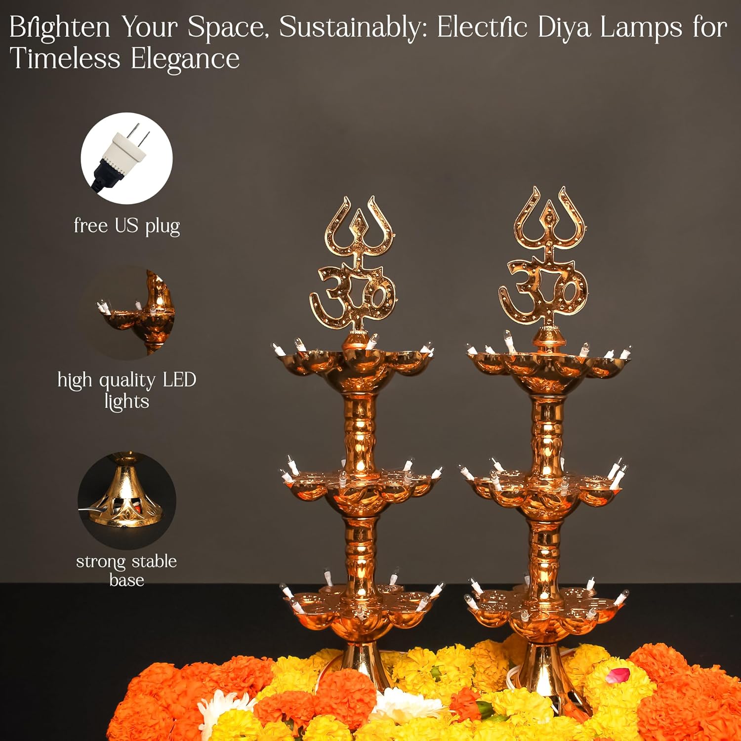 Electric Plastic Light, Pooja Diya with LED Spark, Home Temple Decor, Electric Diya Golden,Mandir Diya,Diwali Diya Lamp (3 Layer, 2)