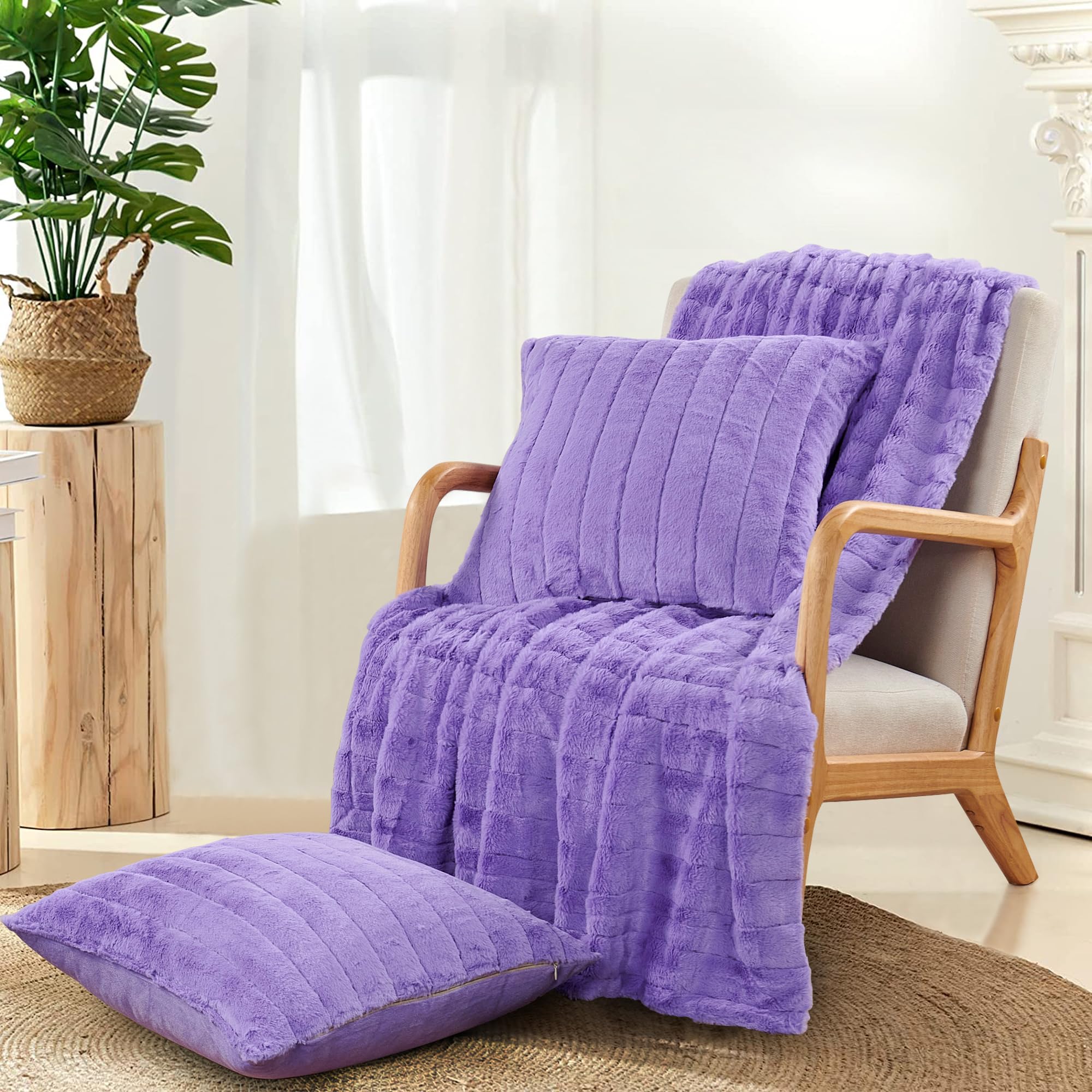 BYTIDE Striped Throw Blanket and Pillow Covers Set (No Inserts) for Couch and Bed, Plush Warm Lightweight Fuzzy Faux Fur Blanket for All Seasons (50"