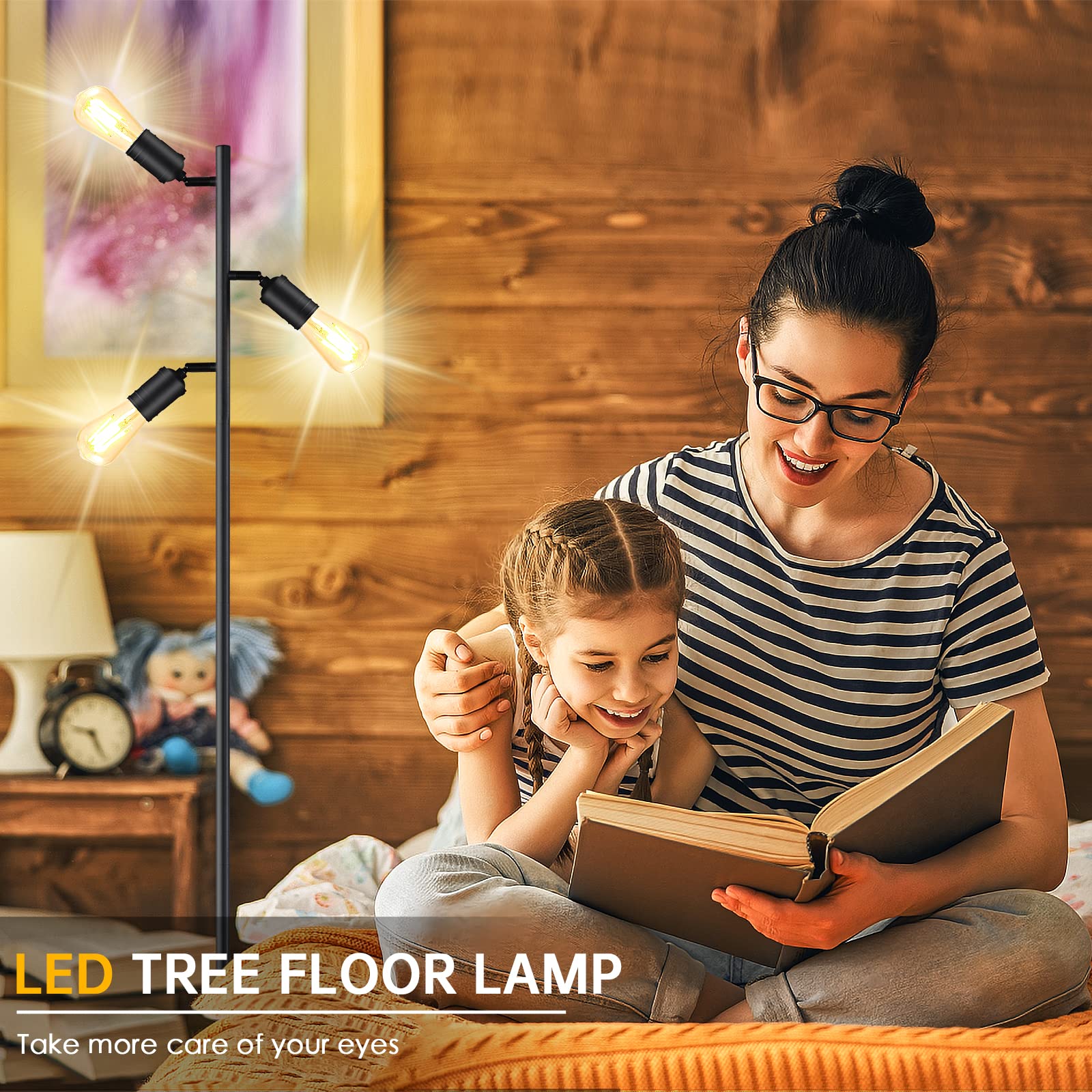 Lámpara de pie industrial con 3 luces giratorias ajustables, lámpara de pie de árbol para sala de estar, dormitorio, hogar, oficina (bombilla Edison E26, negro) 8