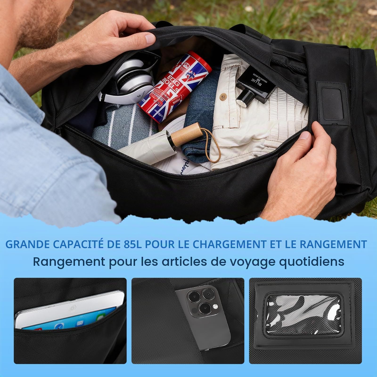 3 in 1 Sac de Voyage à roulettes 75L, 80x30x33cm Sac à Dos Voyage avec Organisateur de Voyage Imperméable, Compartiment Chaussures, Oxford Robuste résistant à l'usure et imperméable (Noir)