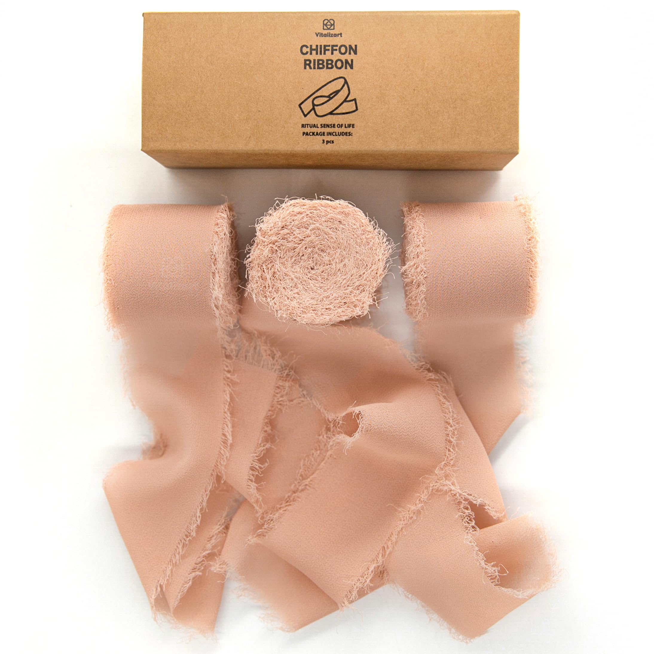 Vitalizart Rose Gold Handmade Chiffon Silk Ribbon Fringe 3 Rolls 1.5" x 21 Yd Frayed Edges Ribbons for Wedding Invitations Bridal Bouquets Gifts Wrapping Crafts Holiday Decor