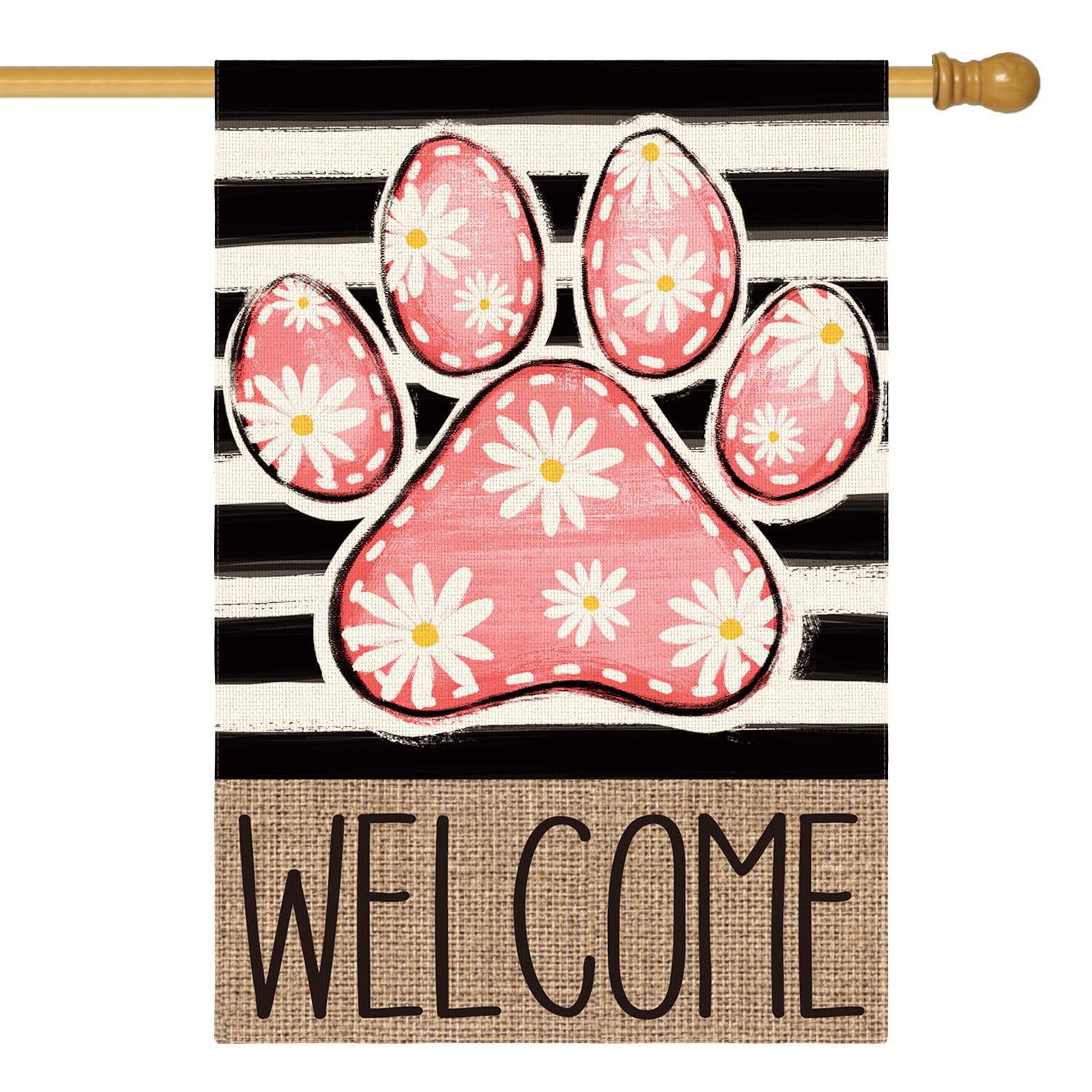 Pink Paw Print Spring House Flag 28x40 Inch Double Sided Outside, Daisy Floral Welcome Stripes Yard Outdoor Flag
