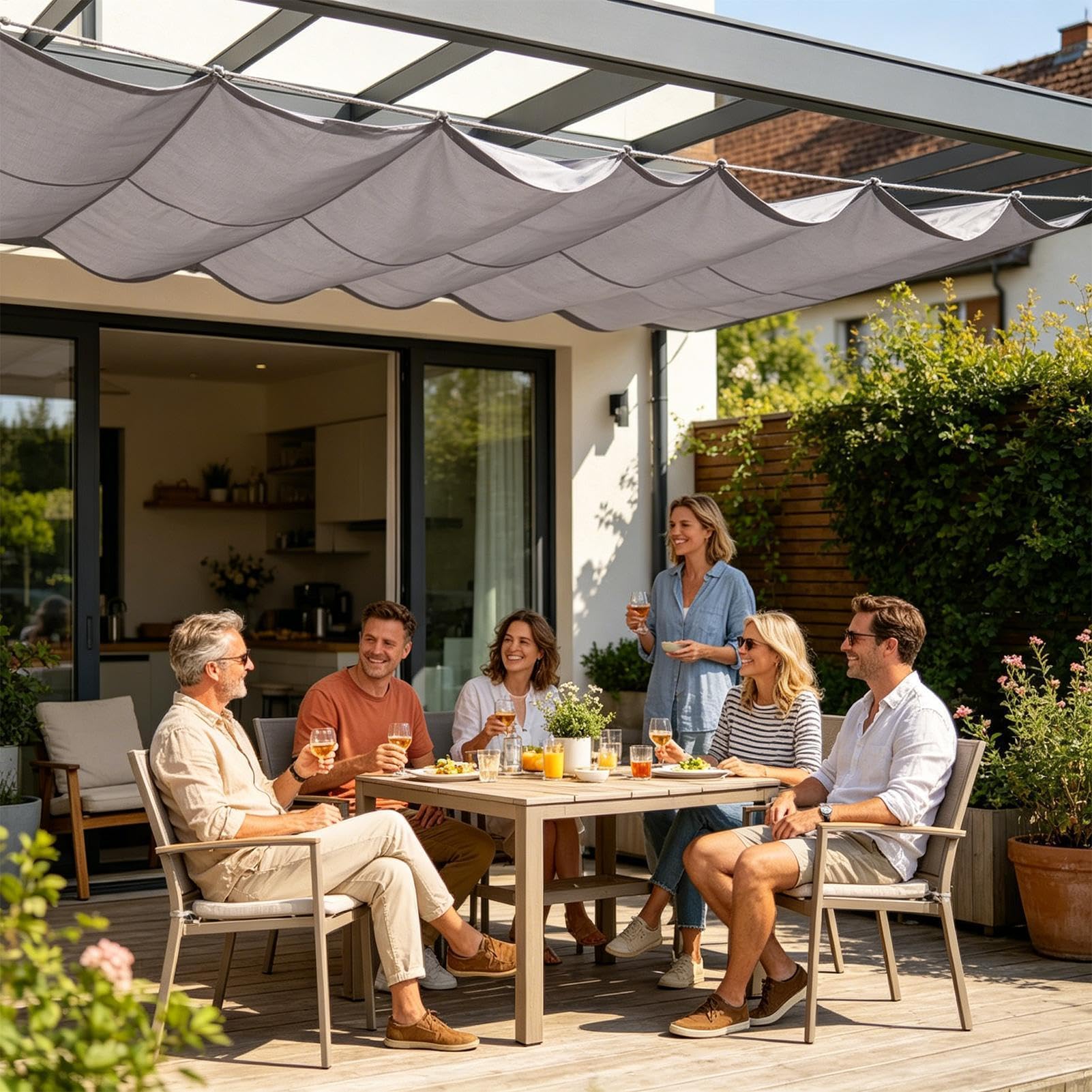 Vela Ombreggiante Retrattile Telo Parasole Impermeabile Da Giardino | Parasole In Tessuto Patio per Proprietari di Casa, Bordo Piscina, Balcone, Posto Auto Coperto, Cortile, Area BBQ, Deck,