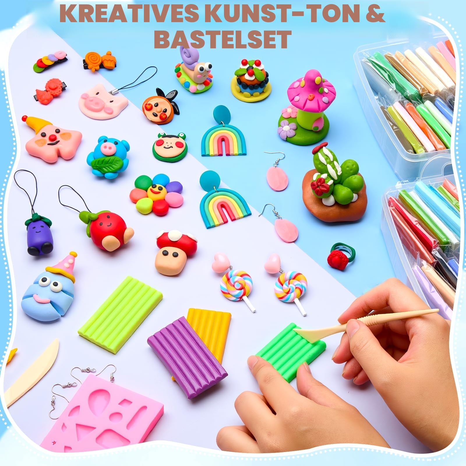 Bridokit 54 Stück Knete Kit, Polymer Clay Set Mit 19 Schnitzwerkzeuge und 2 Edelsteinsilikonform für Ohrringe, Haarspange, Modelliermasse ofenhärtend, Modellierknete für Kinder Erwachsene