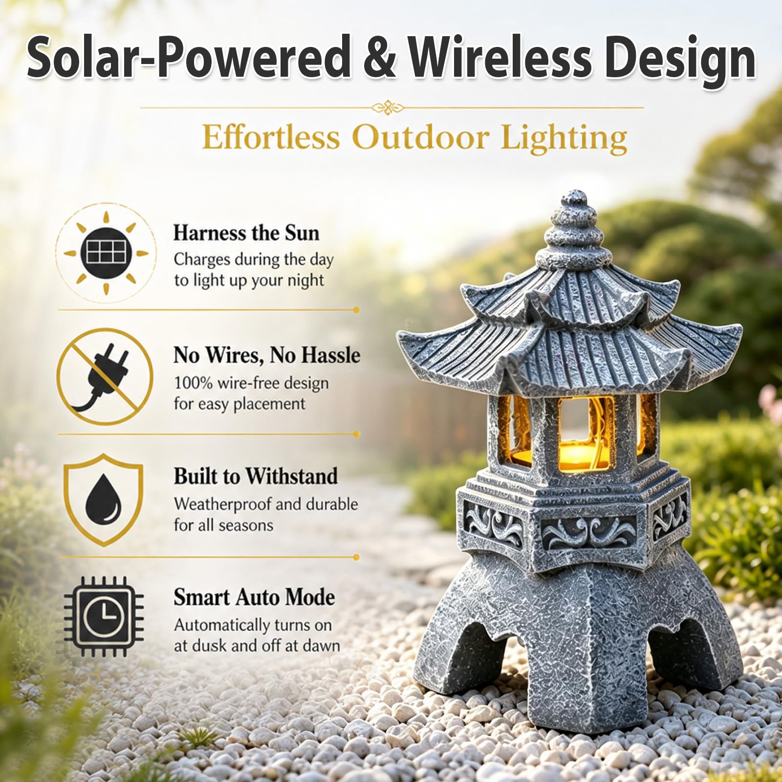 Decorazione da giardino giapponese, lanterna solare in pietra, pagoda, altezza 26 cm, statua zen da giardino per esterni, lampada in resina resistente alle intemperie, decorazione per laghetto, statue