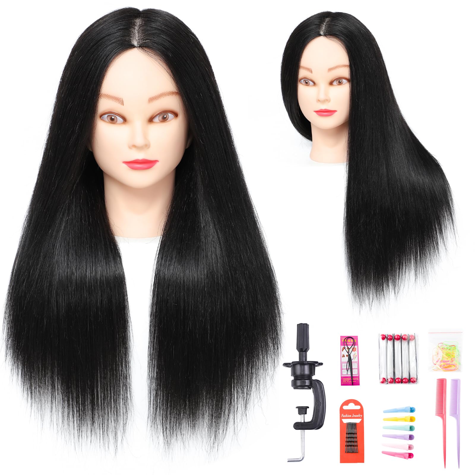 Mannequin Head With 60% Real Long Hair Hairdresser Practice Styling Training Head Manikin Training Head Cosmetology Doll Head Synthetic Fiber Hair and Free Clamp Holder (26inch Makeup, 1B#)