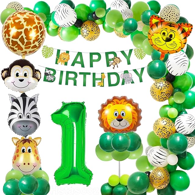 Hstascoz 1st Birthday Decorations for Boys, Jungle Theme Party Decorations with Happy Birthday Banner, Animal Balloons, Safari Balloons Garland Kit, Wild One Birthday Supplies First Birthday Girls