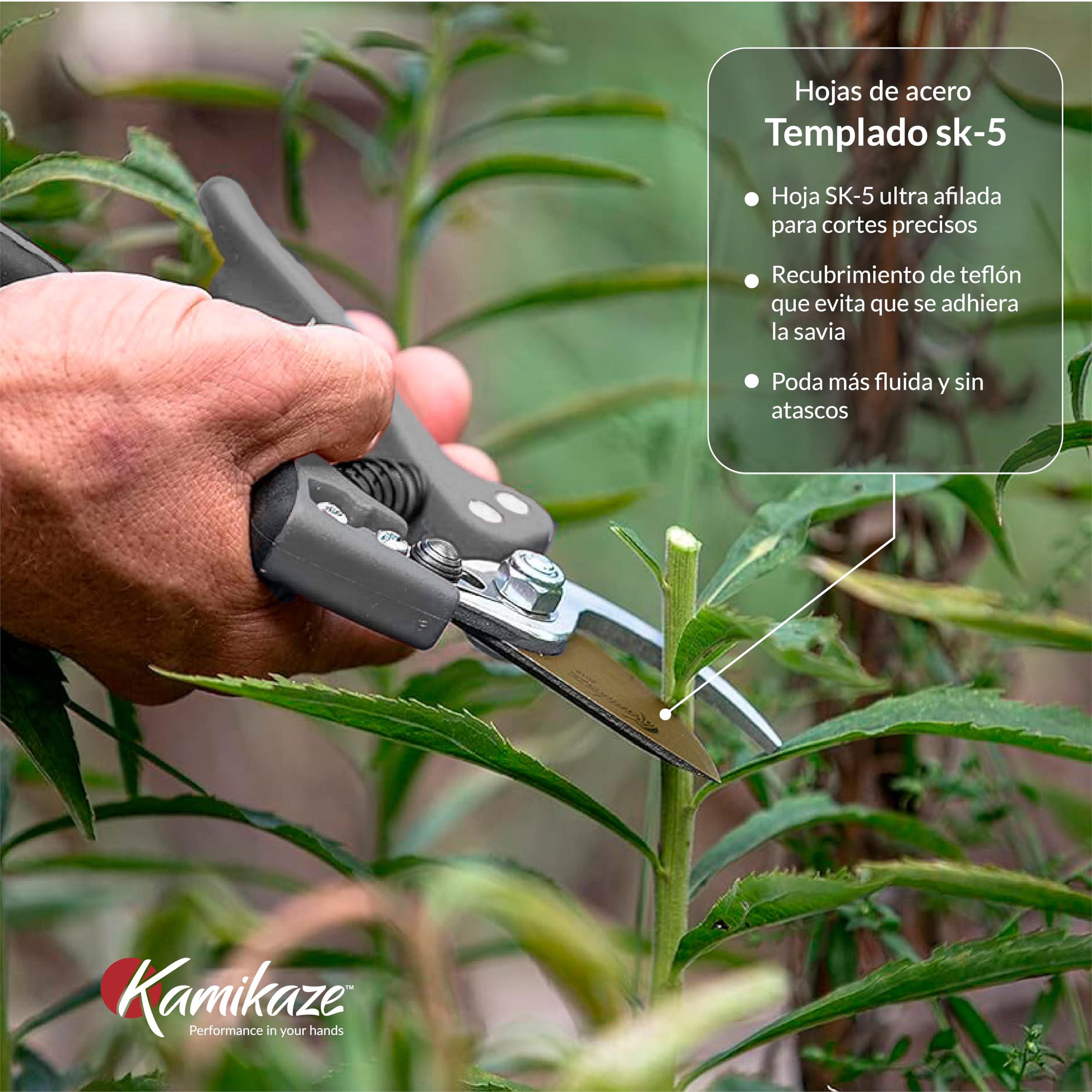 Kamikaze Tijeras Podar Profesional KM1-M Force.20mm Ø. Hoja Teflonada y Acero Templado SK-5.Tijeras Jardinería. Mango ergonómico efecto palanca.Sistema Bypass.Corte Preciso para Jardinería
