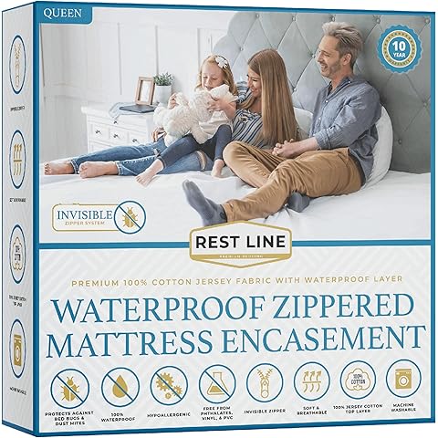 Rest Line Premium Waterproof Zippered Mattress Encasement Queen Size 60X80” - 100% Cotton, Hypoallergenic, Bed Bug Proof Six Sided Mattress Cover, Invisible Zippered, Soft & Breathable up to 15" Deep