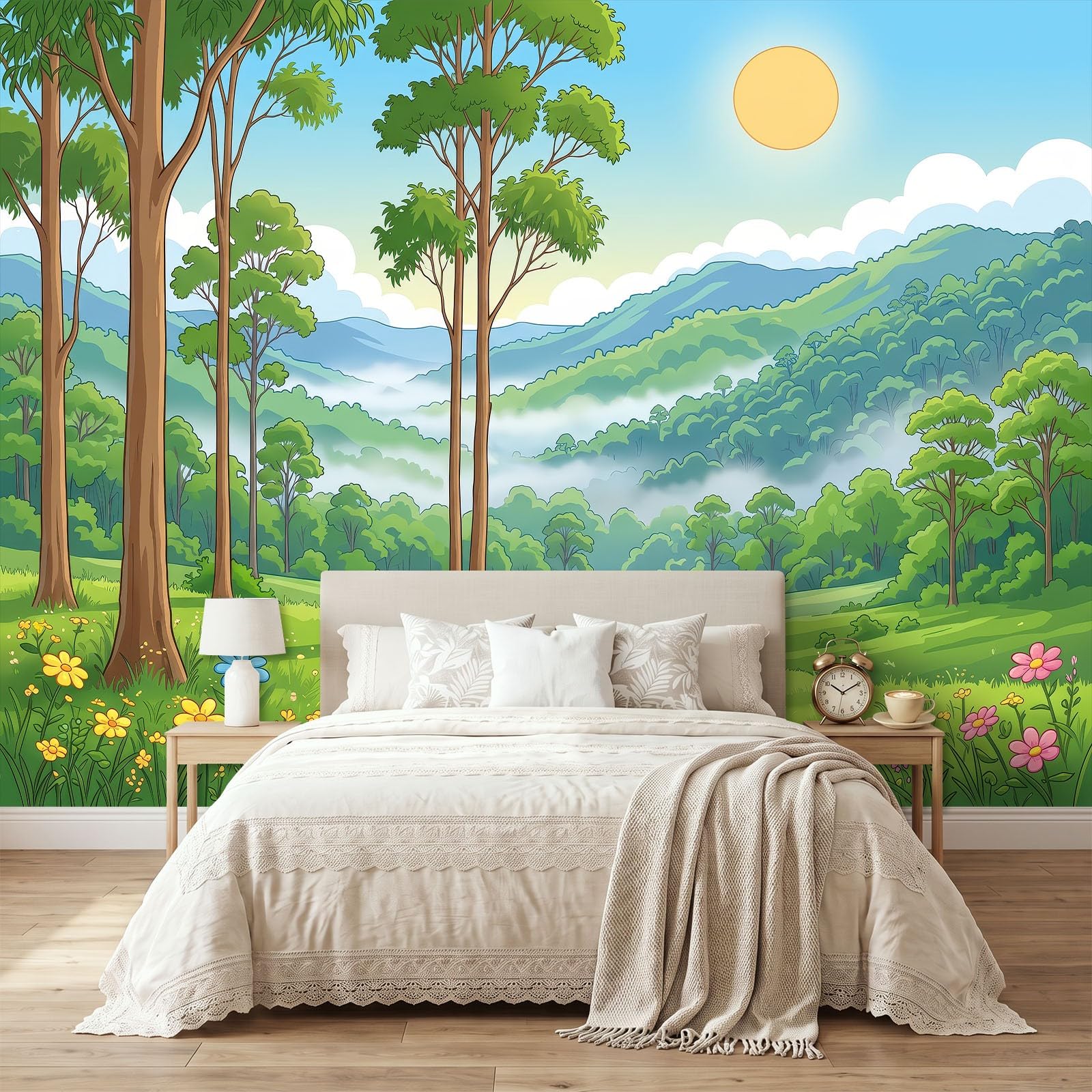 Panoramiczna tapeta 500 x 280 cm (szer. x wys.) realistyczny krajobraz anime fototapeta z włókniny gobelin plakat ścienny do salonu dekoracja ścienna sypialni, pokoju dziecięcego trawa góry las