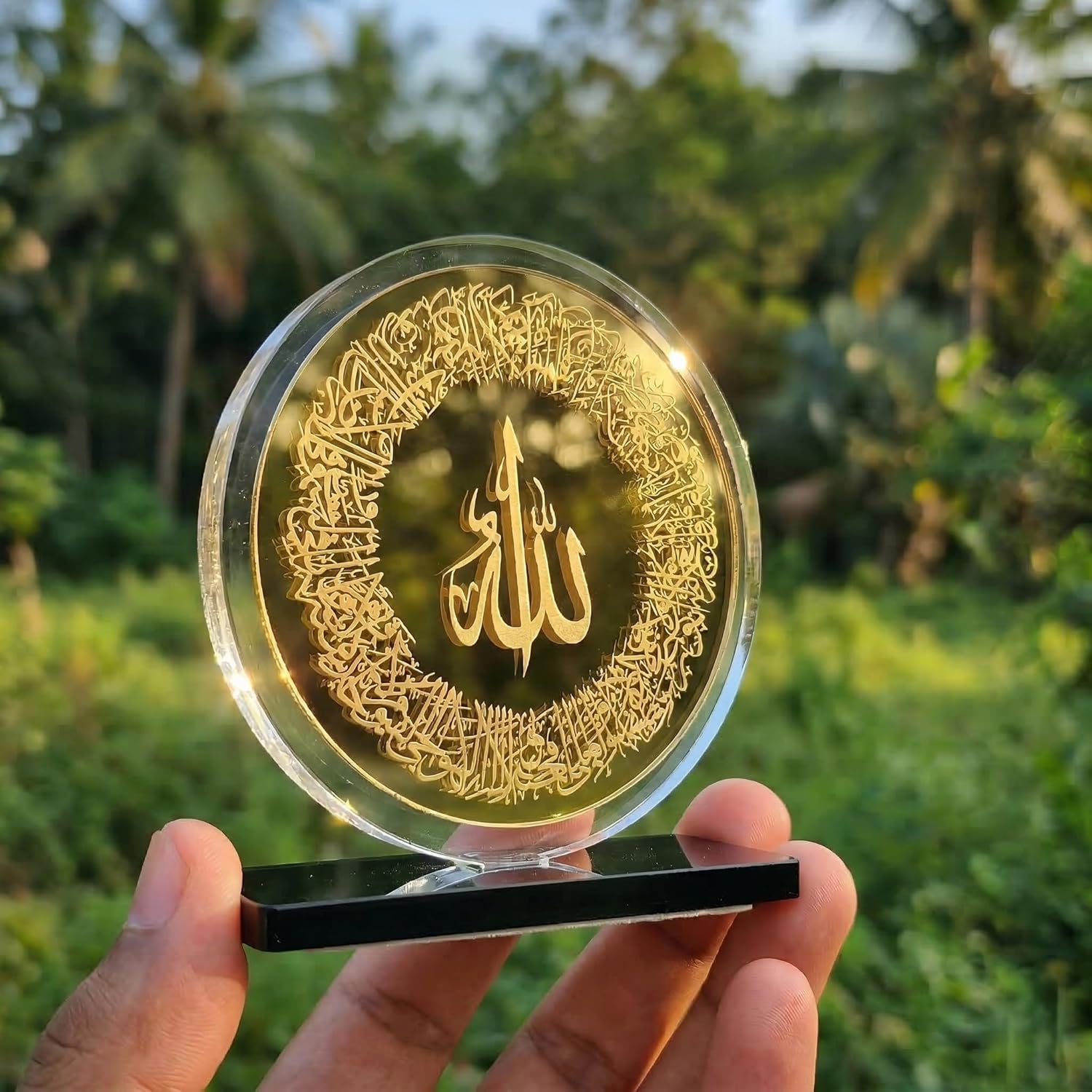 MWL® Ayatul Kursi Car Dashboard Ornament Islamic Calligraphy Round Design | Clear Golden Acrylic with Stand for Protection & Blessings | Rearview Mirror Decor | Ramadan Eid Muslim Gift (9X9 CMS)