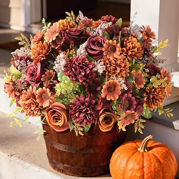 Homsunny Artificial Fake Fall Flowers Centerpieces for Table Decoration, 4 Pcs Faux Silk Flower Arrangements with Mums Chrysanthemum Rose Daisy Floral Bouquets for Home Wedding Party Autumn Decor