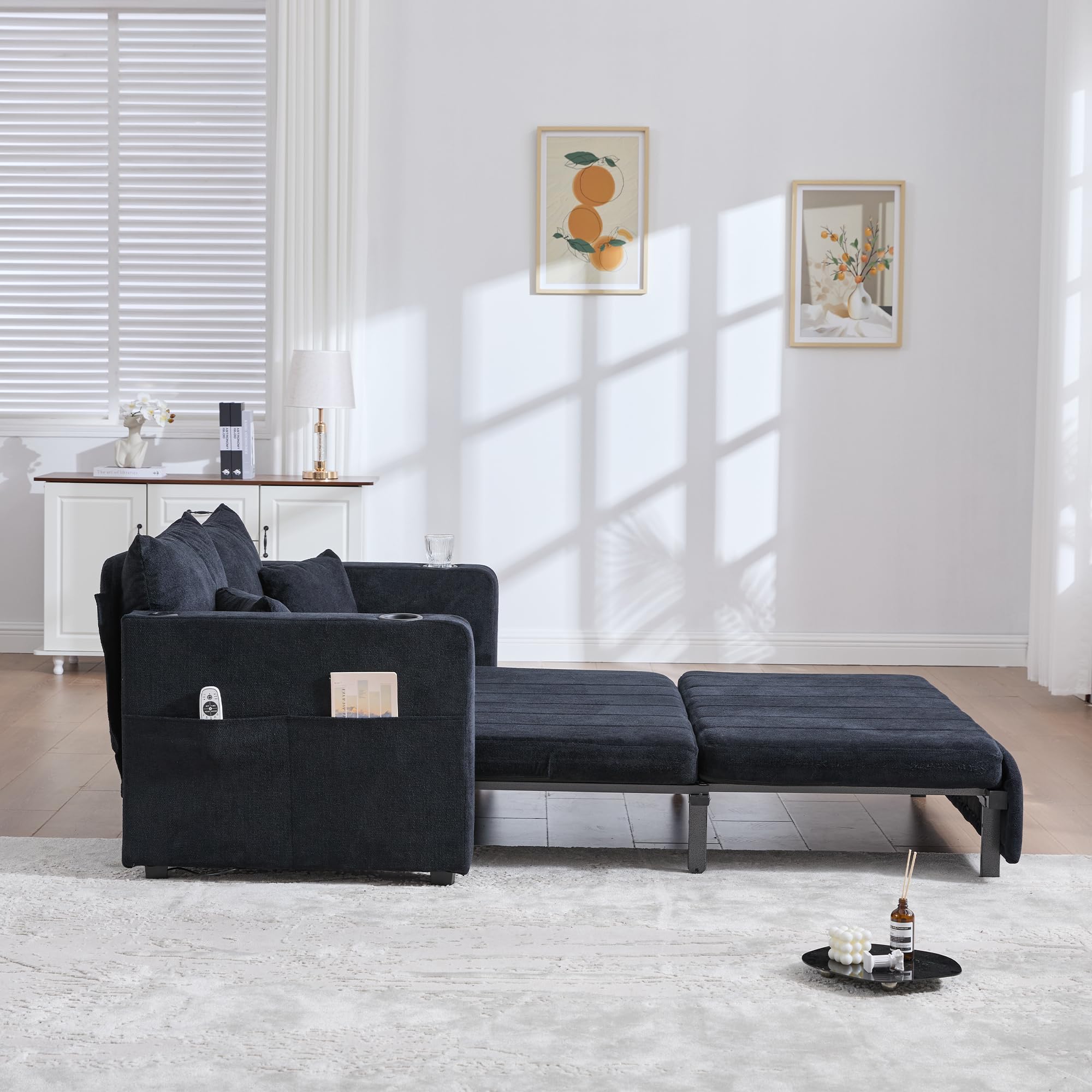 Sofá de dos plazas con función de dormir, sofá cama extensible, sofá plegable multifuncional, con bolsa de almacenamiento, portavasos y 4 cojines, sofás pequeños para espacios pequeños, color negro