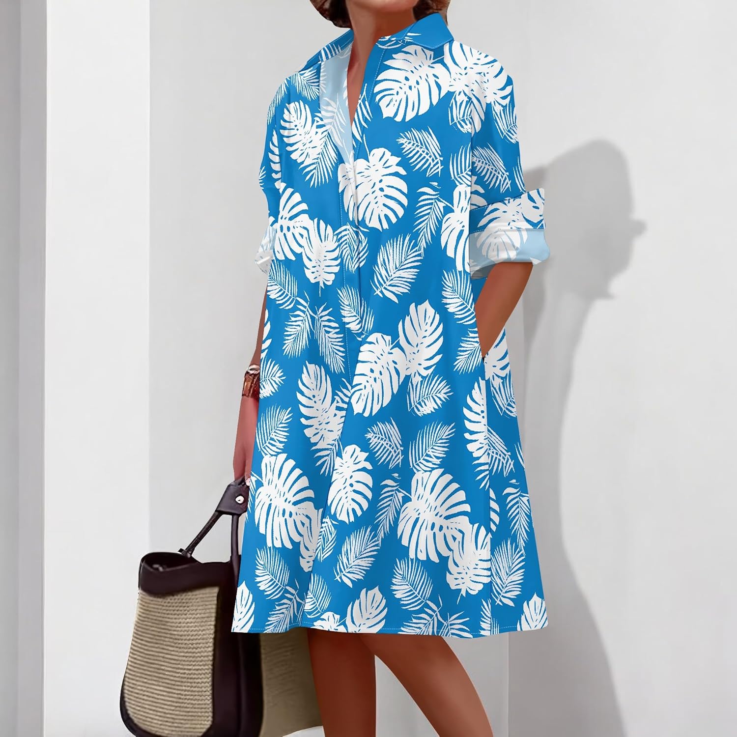 Shirt Dresses for Women 2025 Summer Long Sleeve Casual Plus Size Floral Printed Beach Vacation Dress with Pockets - Image 2
