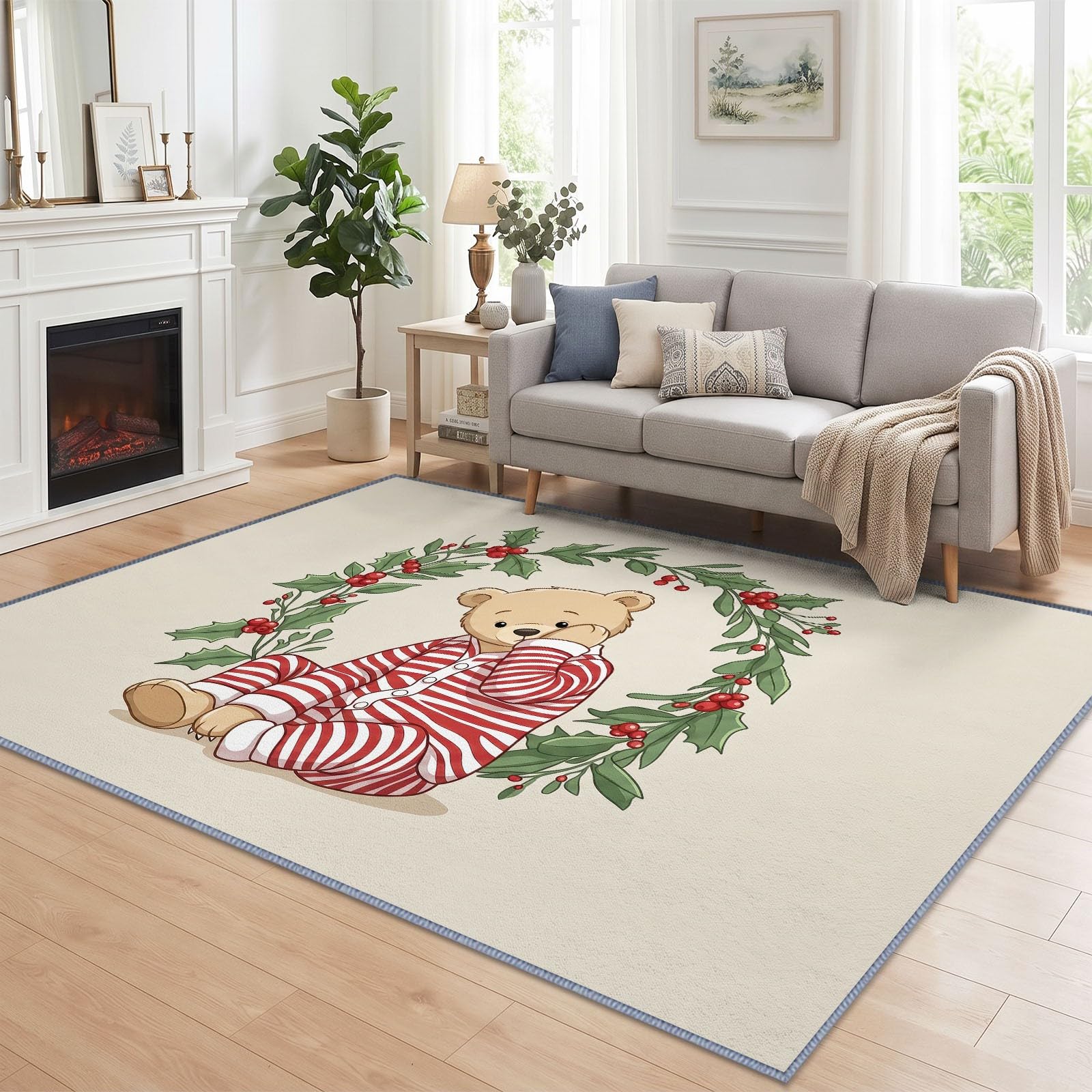 Cartoon Waschbarer Teppich 80 x 150 cm, Wohnzimmer Weihnachten Tier Teddybär rutschfest Weich Teppich für Schlafzimmer, Esszimmer, Büro