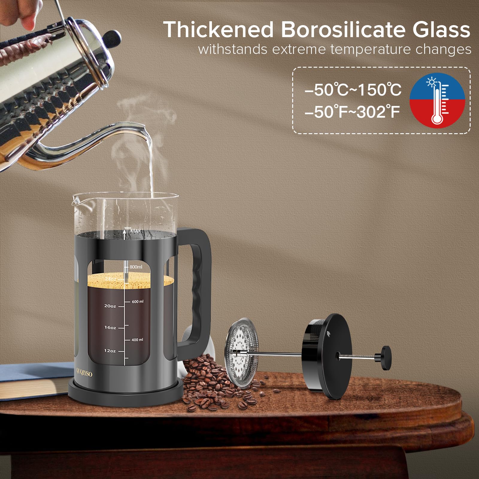 QUQIYSO Cafetera francesa de 34 onzas, prensa francesa de acero inoxidable 304 con 4 filtros, resistente al calor, duradera, fácil de limpiar, prensa de café de vidrio de borosilicato, tetera de