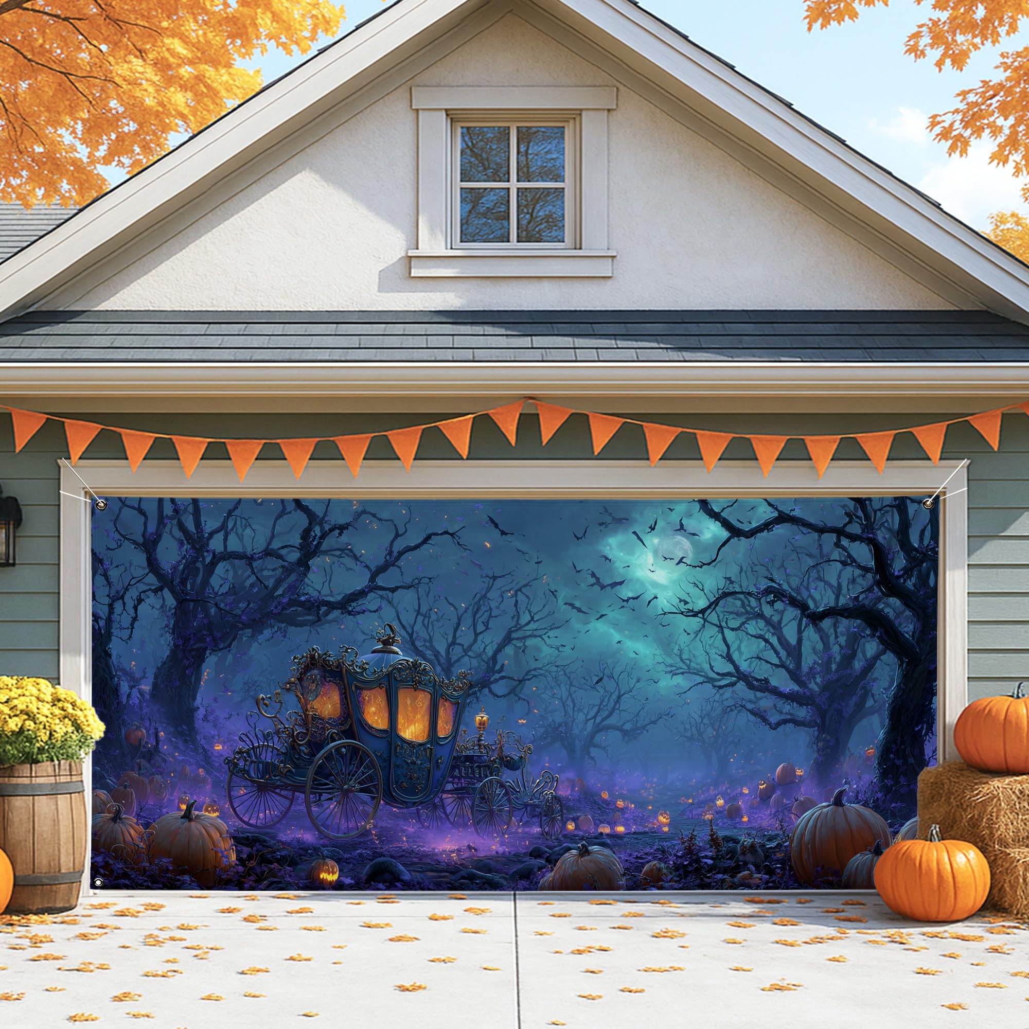 Haunted Carriage Garage Door Cover, Halloween Themed Large Garage Door Decorations, Spooky Indoor and Outdoor Fall Party Decor 157x71 Inch