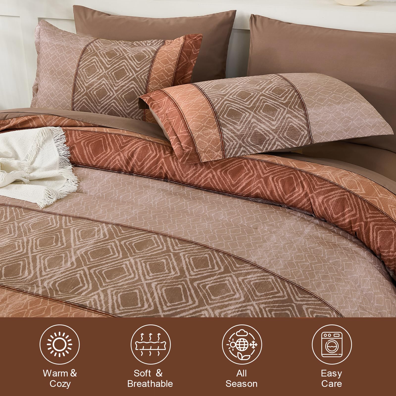 Dinjoy Parure de lit 7 pièces en Microfibre Douce à Rayures de Style bohème pour très Grand lit, Rouge et Marron