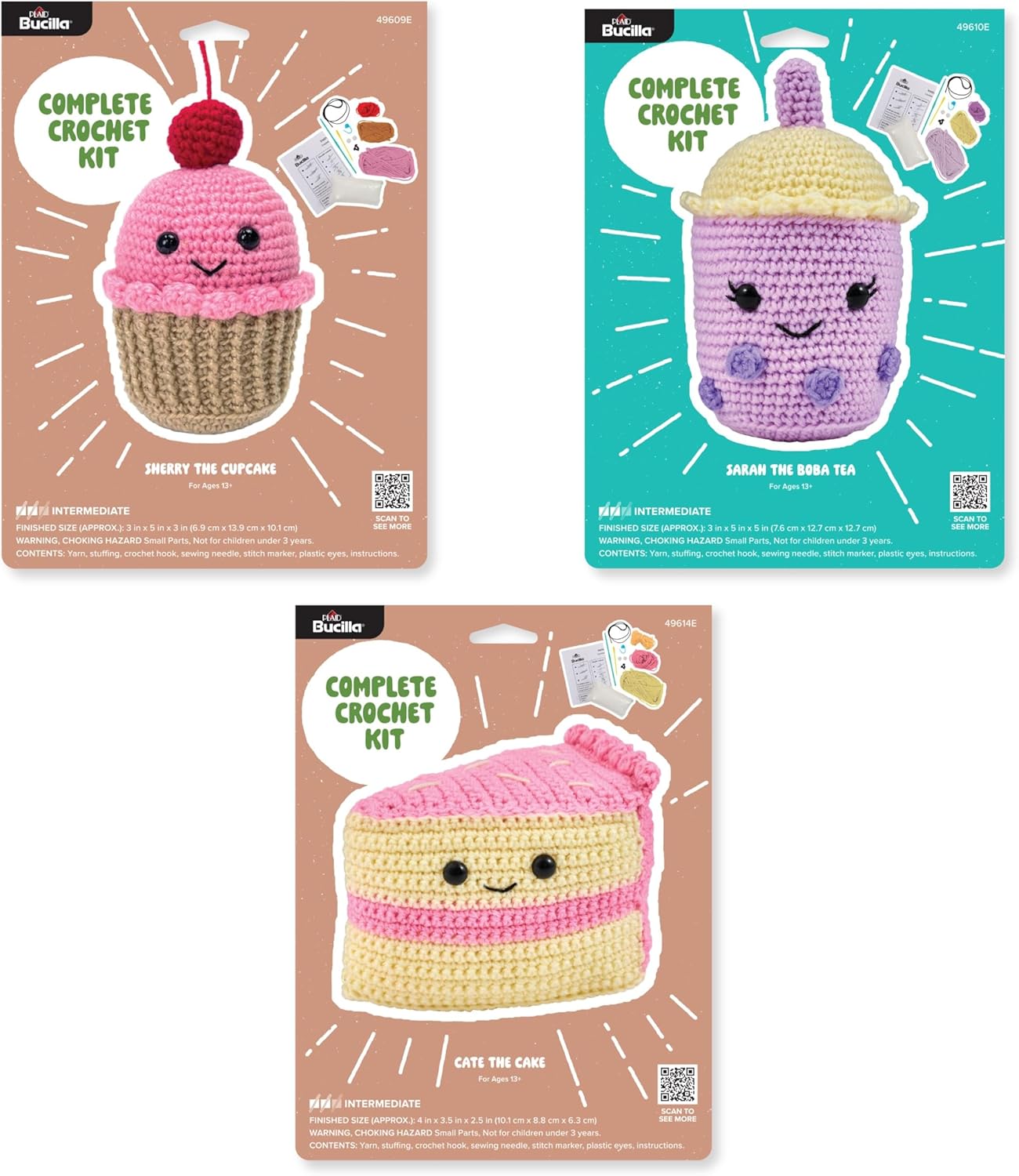 Bucilla 3 Piece Complete Crochet Kit, Bakery Buddies, 5"
