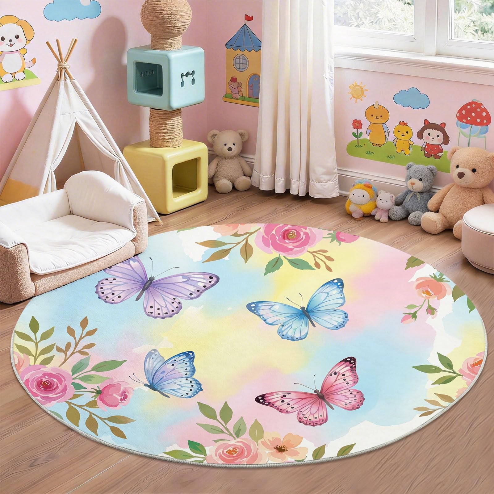 Alfombra redonda de 100 cm con diseño floral de insectos, acuarelas, mariposas y flores para habitación de los niños, alfombra lavable para bebés, niños y niñas, alfombra de suelo, antideslizante