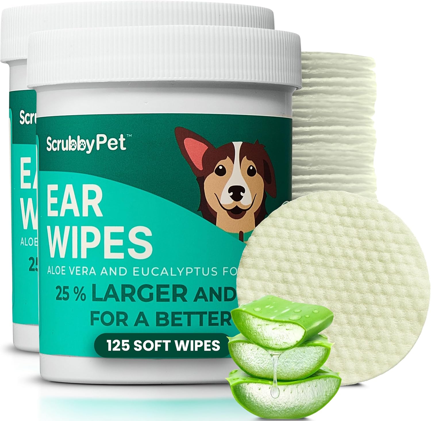 Scrubby Pet Dog Ear Wipes for Dogs | Extra Thick with Aloe Vera & Eucalyptus | 250 Count | Hypoallergenic Ear Cleaner for Dogs with Pearl Texture for Deeper Clean