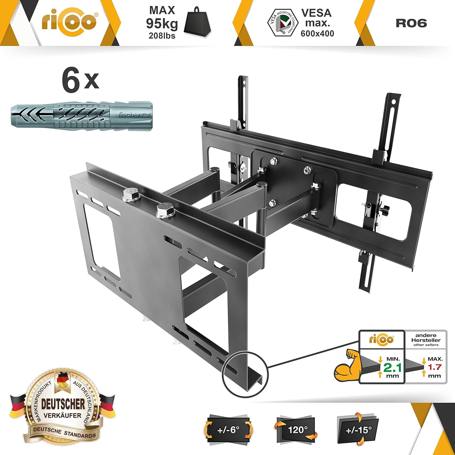 RICOO TV Bracket Tilt R06-F Swivel approx 40-85 Inch for LED LCD OLED Curved and Flatscreens Wall Mount Universal for VESA 300x200-600x400 - Image 3