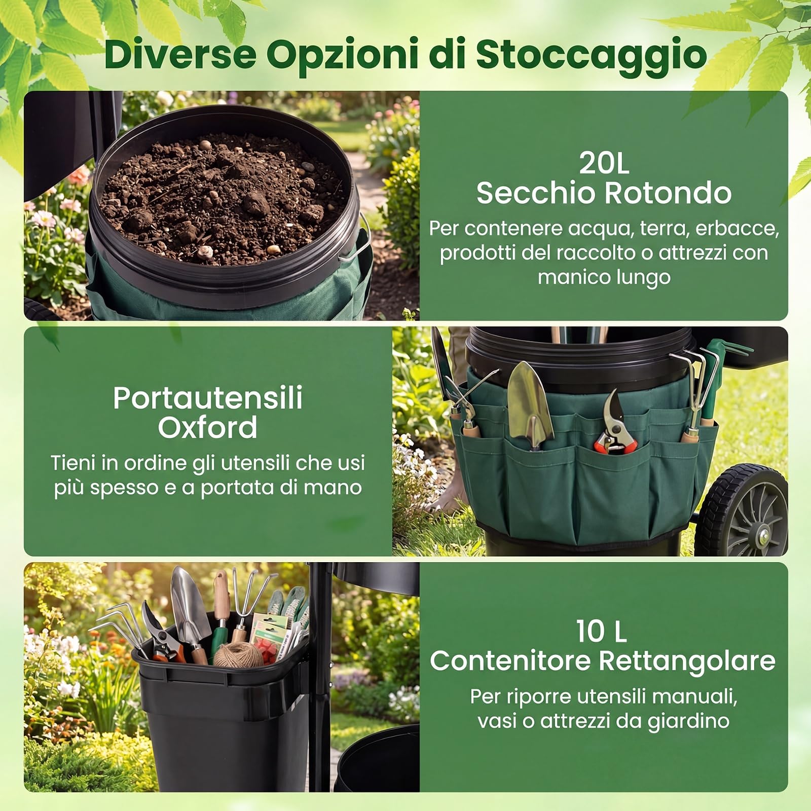 COSTWAY Carrello da Giardino a 2 Ruote, Carrellino da Esterno per Attrezzi da Giardinaggio con Borsa in in Tessuto Oxford, 20 L Secchio Rotondo e 10 L Contenitore Rettangolare Rimovibili