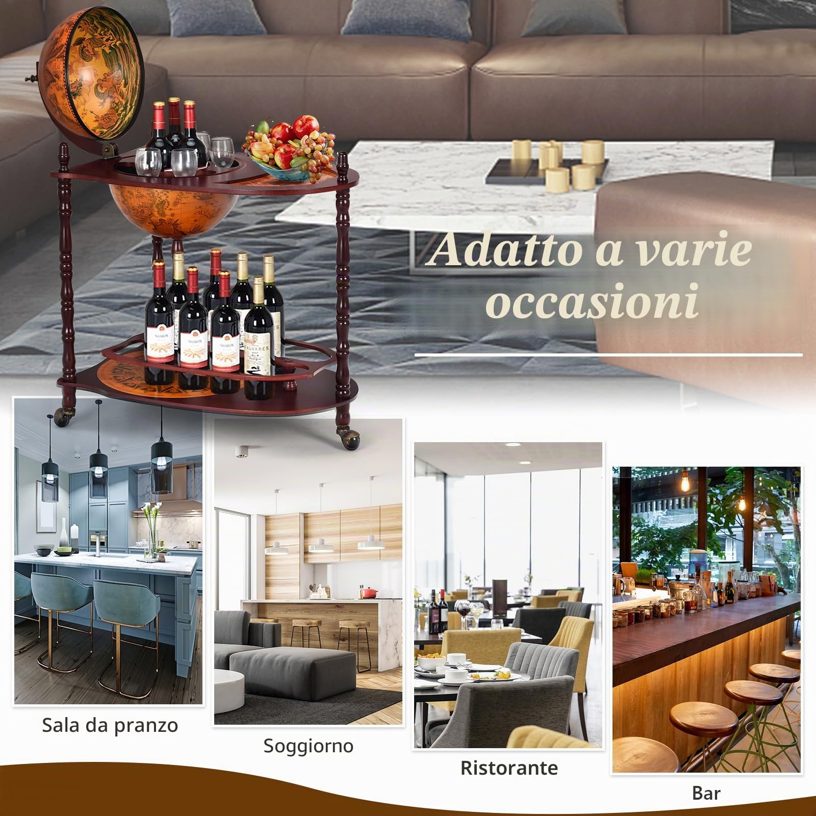 KOMFOTTEU Portabottiglie Bar Globe con Ruote, Supporto per Bottiglie a 2 Livelli, Carrello da Bar in Legno, Mobile Minibar per Bevande, per Ristorante, Festa (Marrone, 70 x 45 x 88 cm)