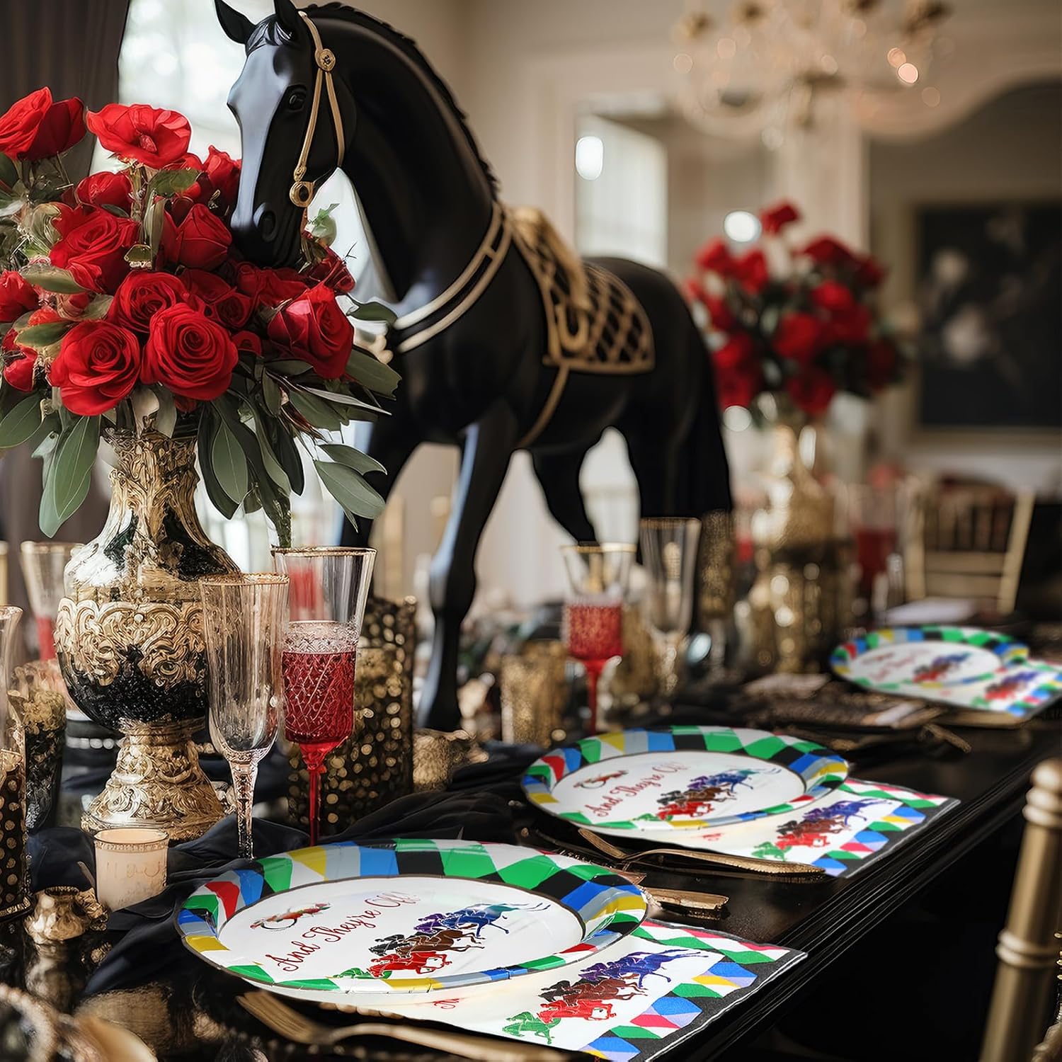 Havawish 100pcs Derby Day Paper Plates and Napkins Horse Racing Derby Party Supplies Run for The Roses Party Tableware Set Decorations for Birthday Serves 50(Colored Diamond)