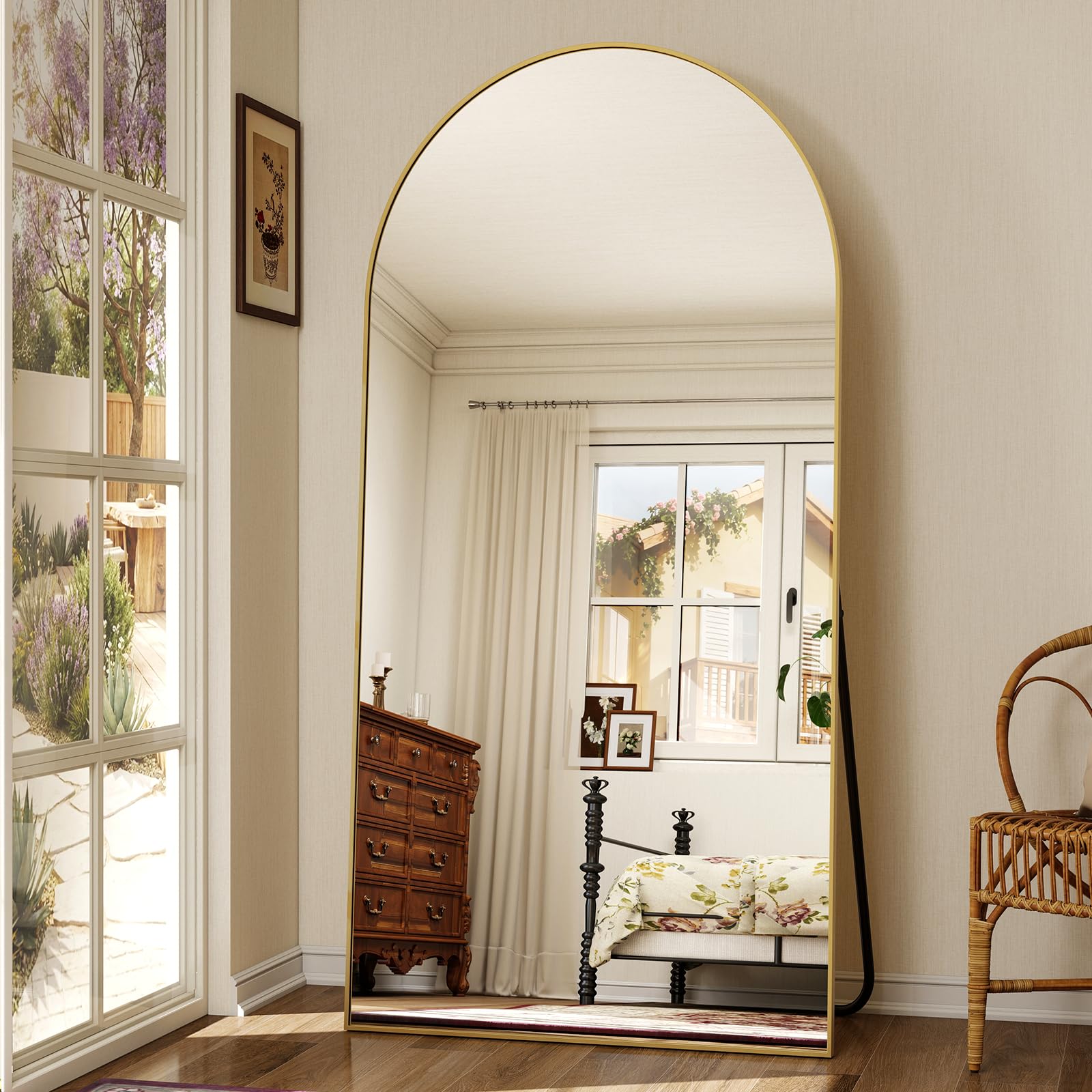 Koonmi Espejo de arco grande, espejo de pie, de cuerpo completo, con tapa curva, montaje en pared, para sala de estar, dorado, 76 x 171 cm