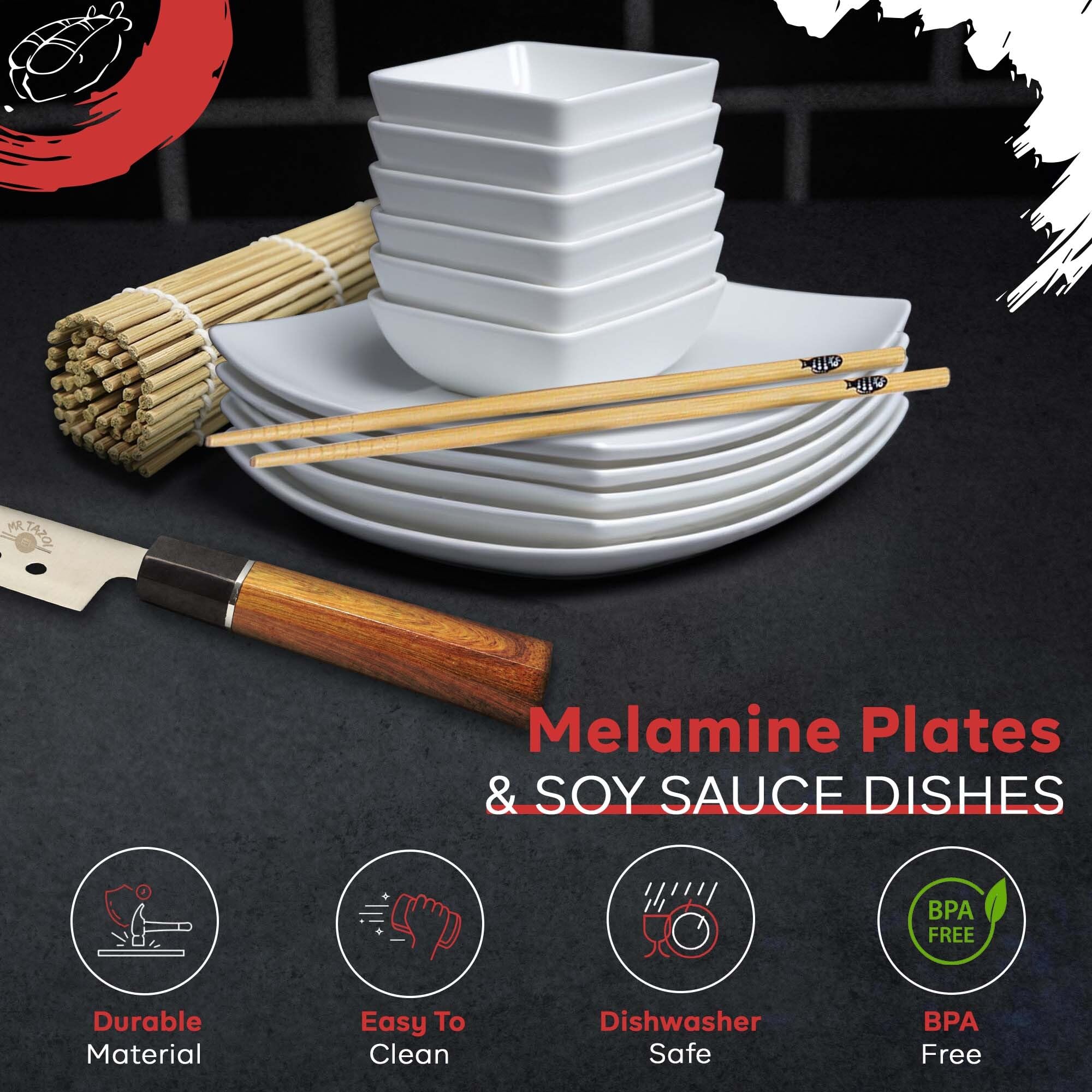 Mr Tazoi Gourmet - Kit de fabricación de sushi de 40 piezas, incluye rodillo de arroz de bambú, cuchillo de sushi japonés, platos, palillos y más, perfecto para chefs caseros y amantes del sushi (kit