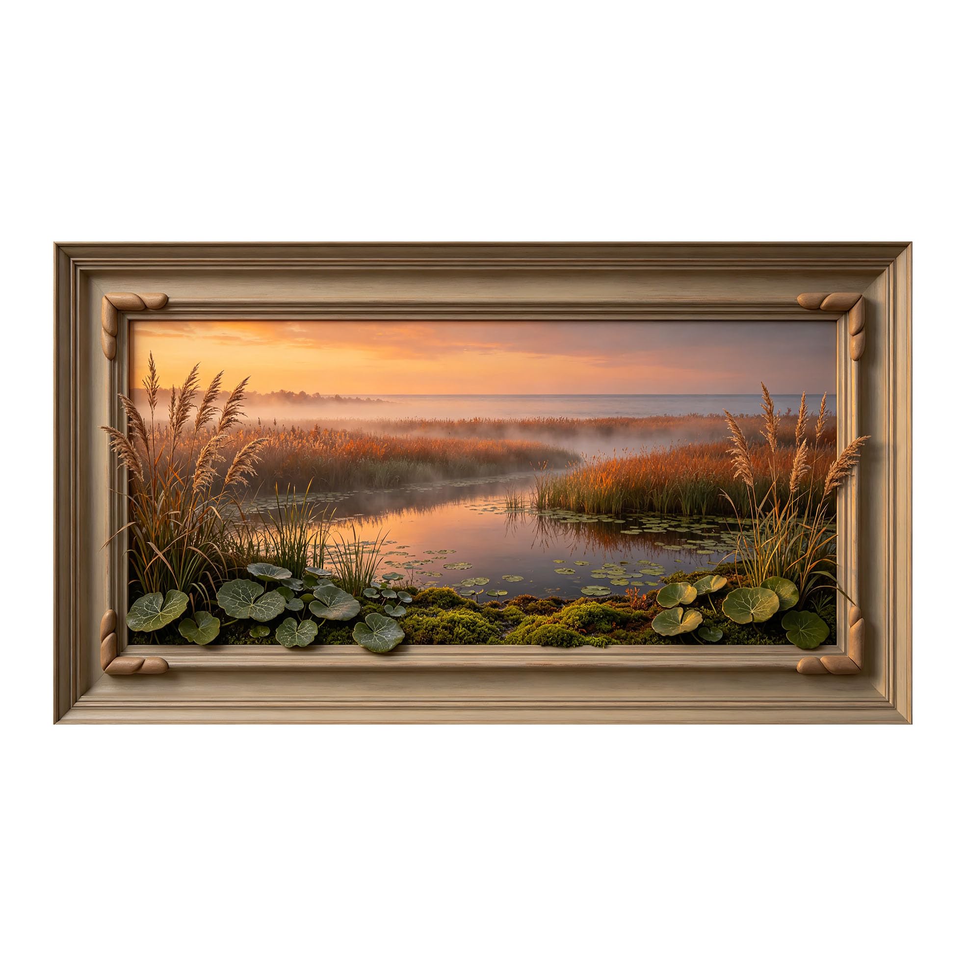 Yzpallescene 3D Framed Wall Art 50cm×100cm Sunset Misty Wetland Seascape Watercolor Panoramic Large Size SelfAdhesive Removable Wall Decor Prints Artwork for Living Room Bedroom Office