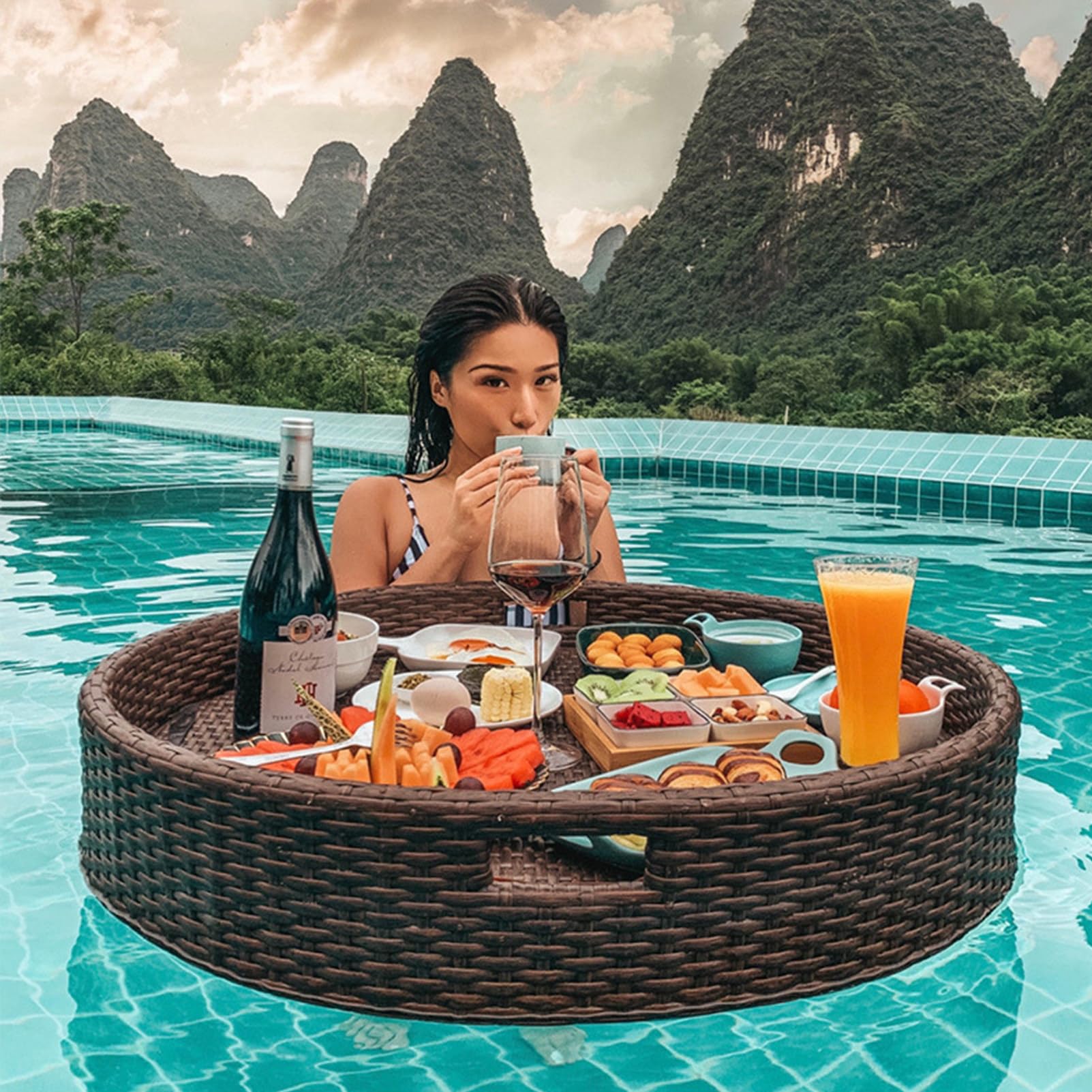 Vassoio galleggiante per la colazione, per piscina, vasca idromassaggio, spiaggia, design marrone, perfetto per divertimento estivo e relax