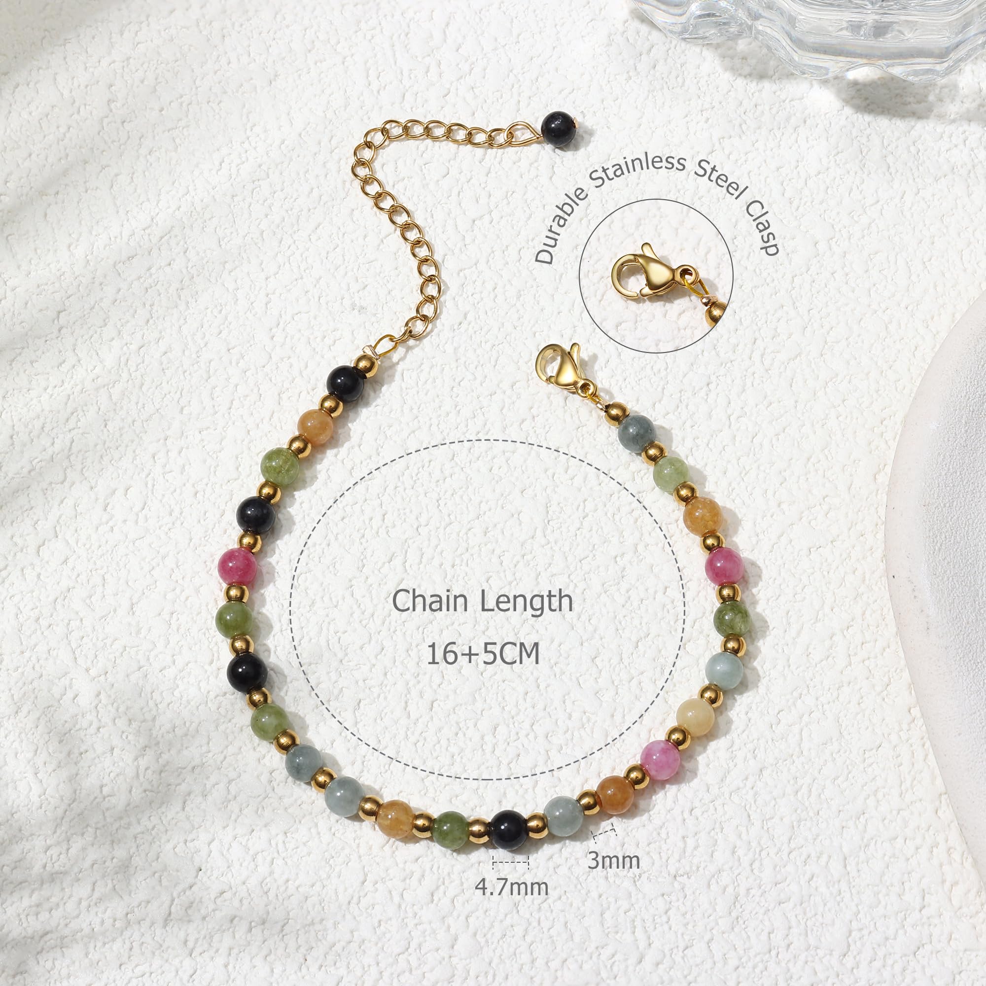 YCTTKDD Pulseras de Cuentas para Mujeres y niñas: Piedra Natural de 5 mm, Cuentas de Acero Inoxidable de 3 mm, joyería Boho de Cristal chapada en Oro Ajustable con Caja de Regalo