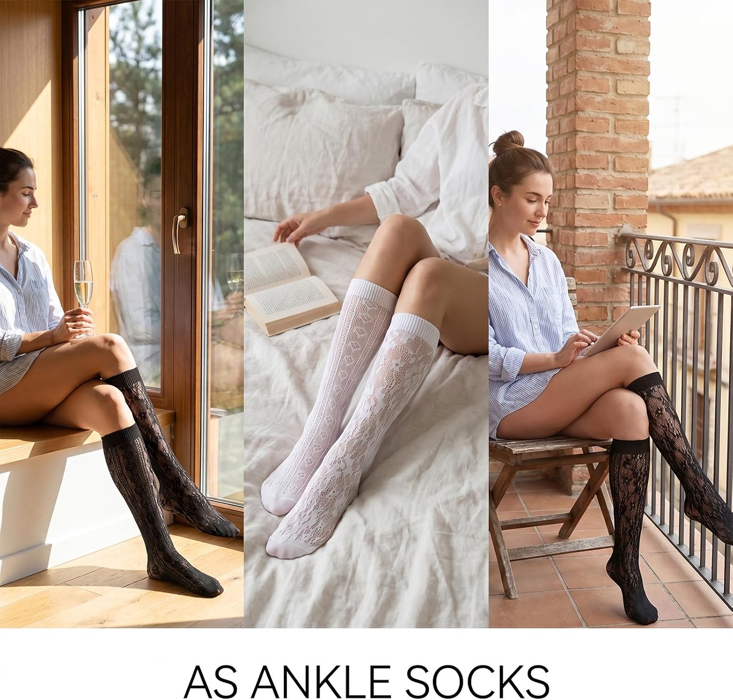 6 Pairs Women's Fishnet Knee High Socks, Hollow Lace Knee High Socks, Fashionable Lace Sock Women, Soft And Breathable