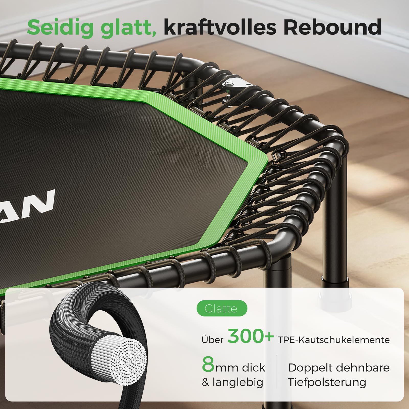 BCAN Achteckiges Indoor-Fitness-Trampolin, 130cm, Trampolin für Erwachsene bis 205 kg, mit verstellbarem T-Griff und großer Sprungfläche, stoßdämpfend und geräuscharm