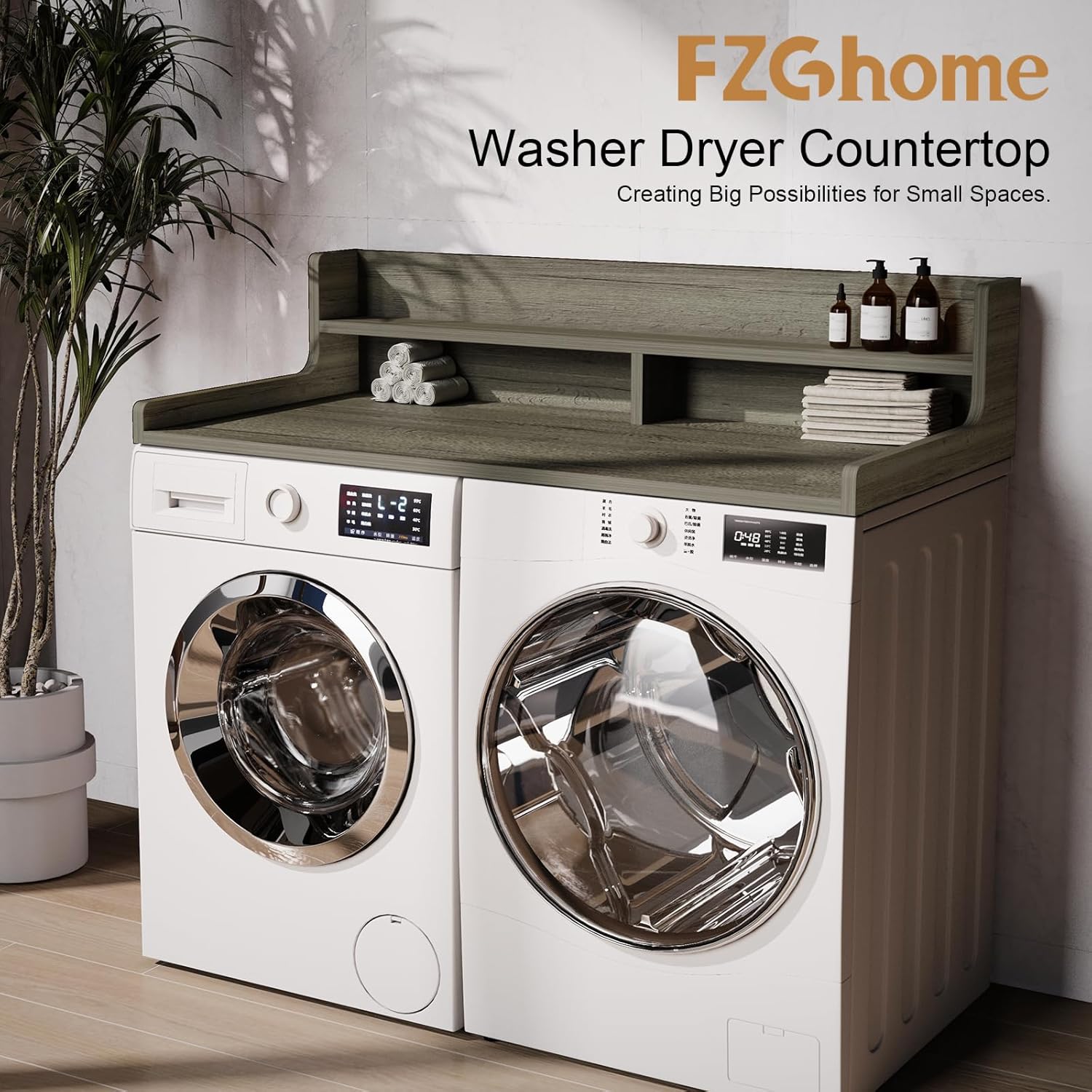 Washer Dryer Countertop, 54" x 27.55" 2-Tier Washer Dryer Topper with Edge, for Laundry Room Organization Greige