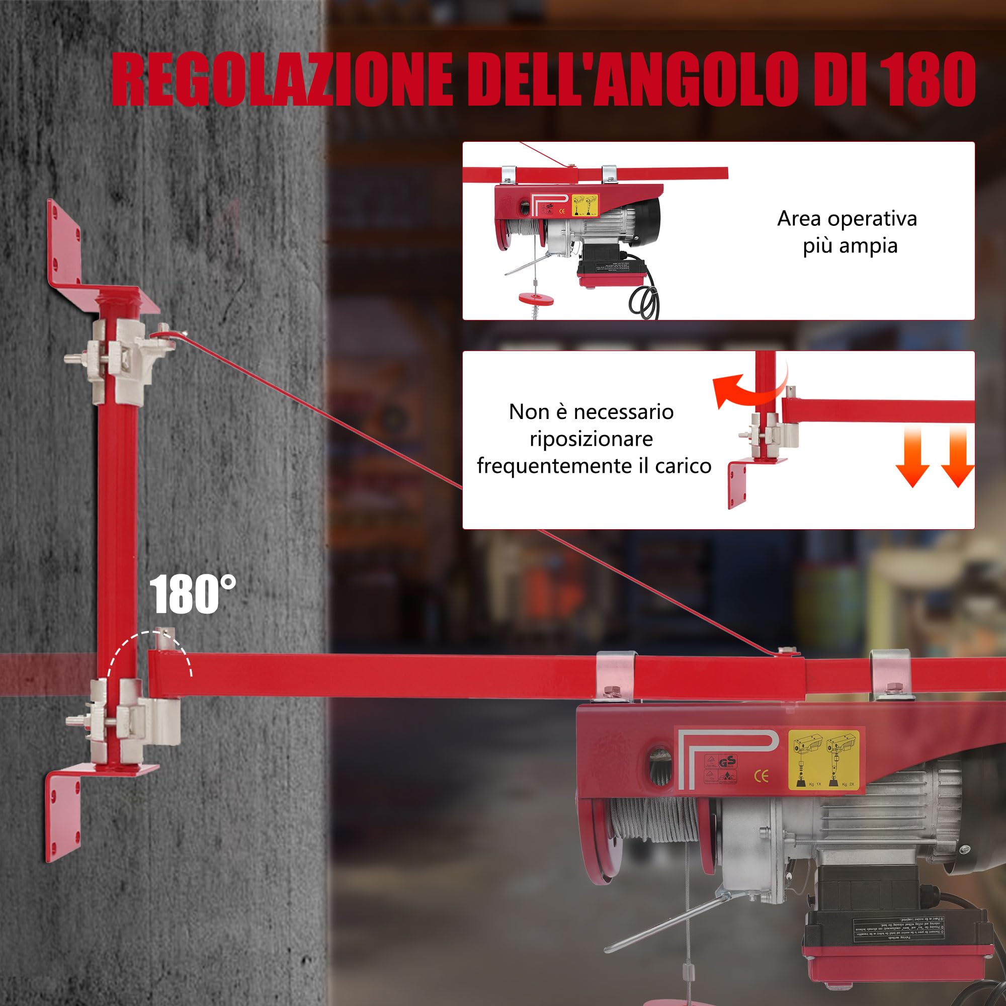 Montacarichi da Balcone, Paranco Elettrico con 80m Telecomando Wireless e Braccio Girevole Oscillante Rotante, 12m di Altezza, per Carichi 125kg/250kg, per Garage Magazzino Fabbrica