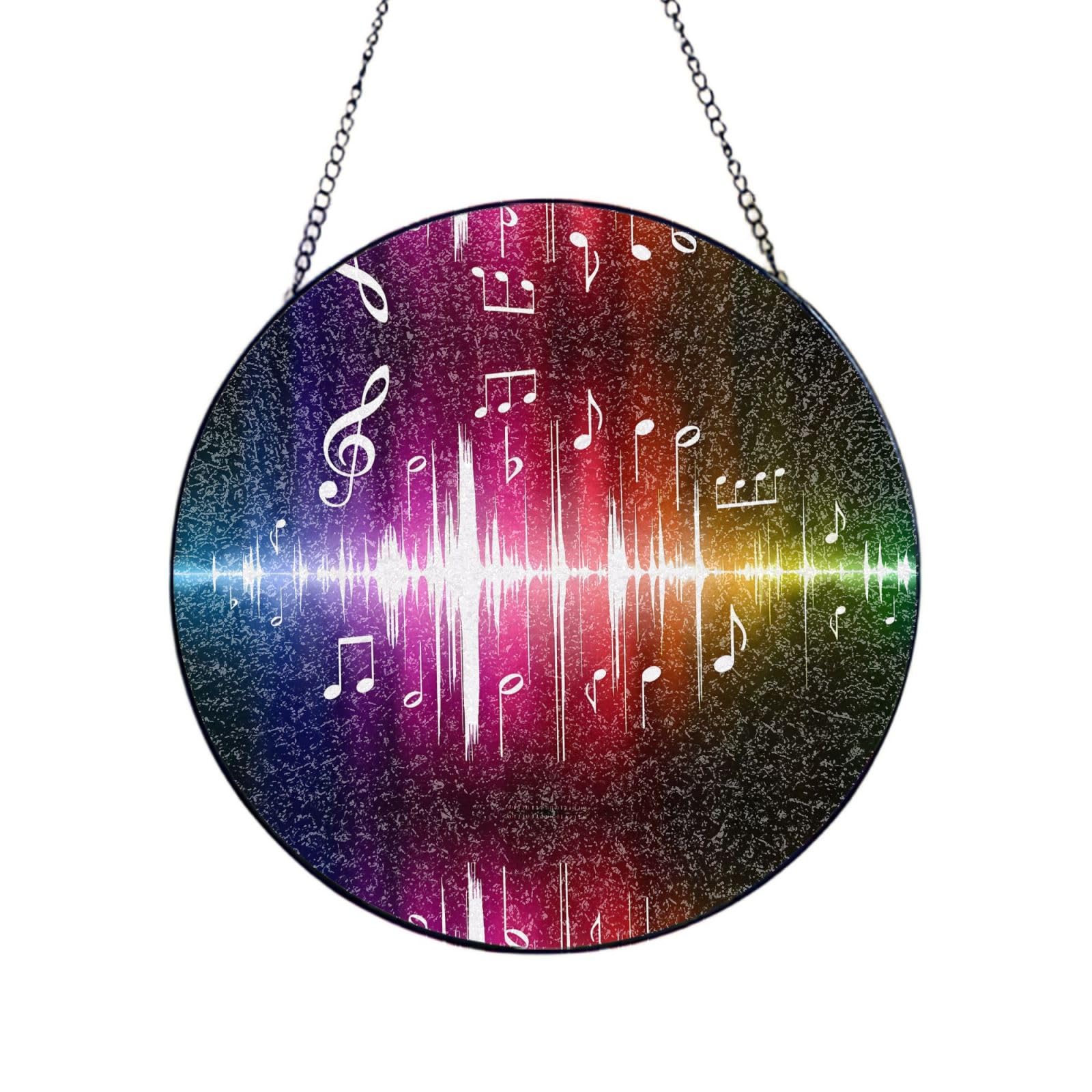 Phayah Music Print Glass Window Hanging Round Suncatcher Glass Ornament Garden Wall Fence Decorations Indoor Outdoor 10in（25cm）