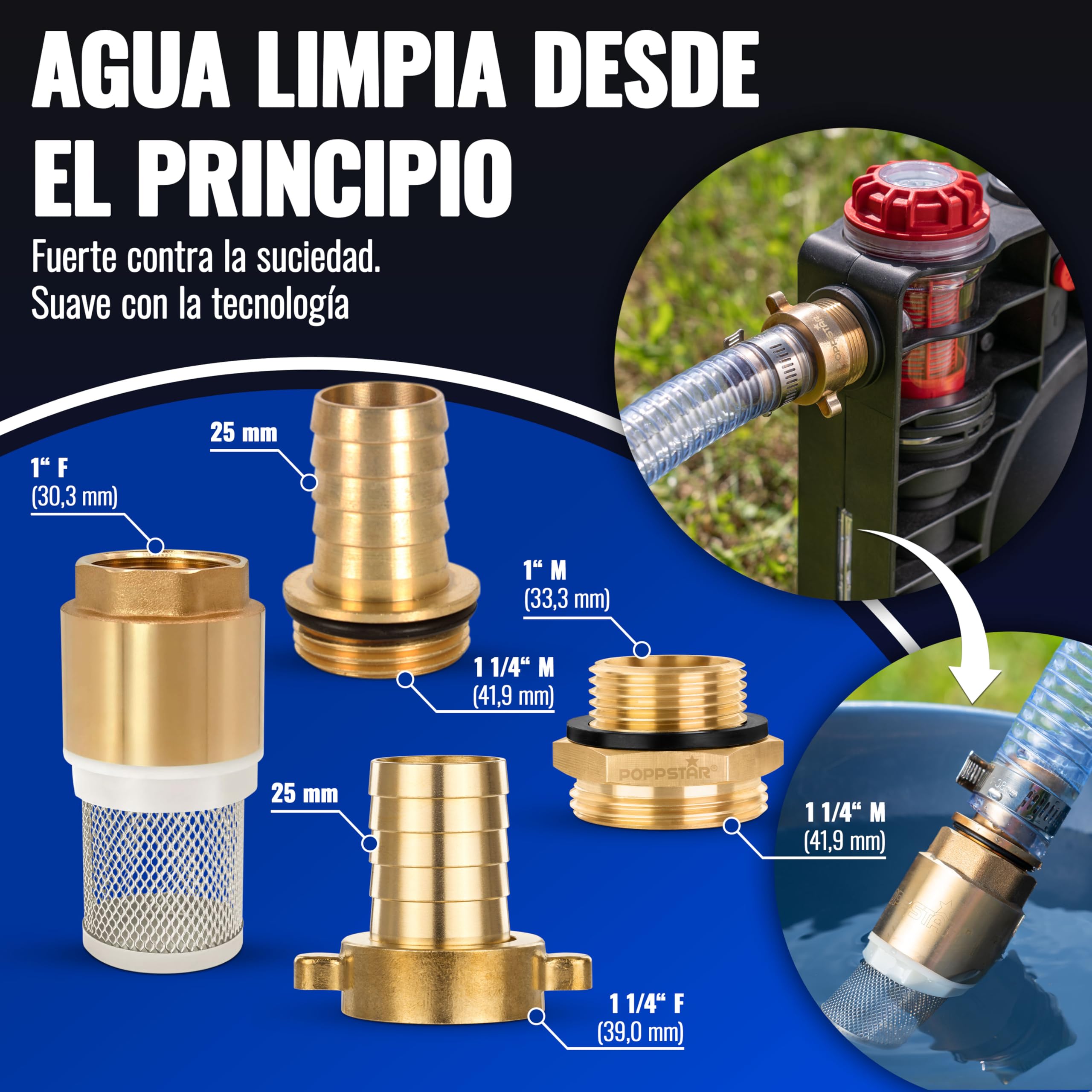 Manguera aspiración 1" 7m, diám. int./ext. 25/33mm, grosor pared 4mm, incl. cesta aspiración inox con válvula retención, tuerca unión 1 1/4" (41,9mm) diám. int. y reductor diám. ext. 1" (33,3mm)