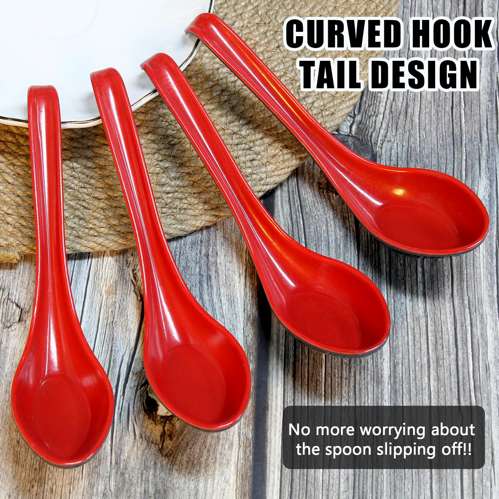 Coufce 8pcs Asian Soup Spoons Red and Black Wonton Soup Spoons Chinese Soup Spoons for Ramen, Pho, Wonton, Dumpling, Miso, Xiaolongbao and Bibimbap