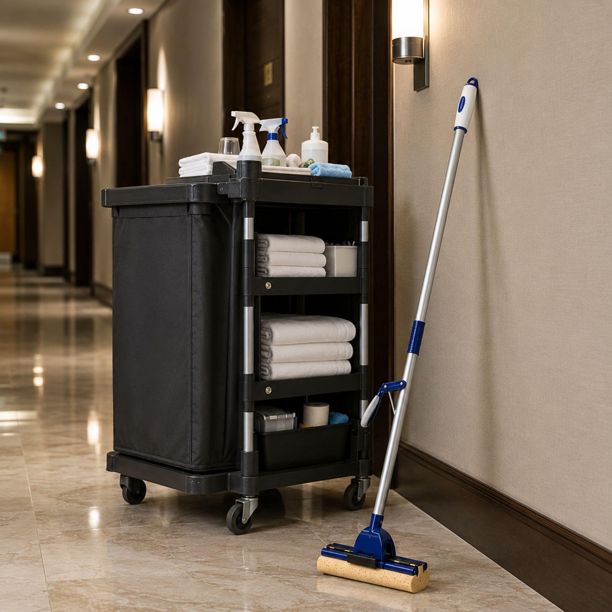 Restaurantware Clean tek - Mopa Profesional autoescurrida, 1 fregona de Esponja Absorbente, Mango de 48 Pulgadas, fijación Segura, Esponja de celulosa Azul, para Limpiar baños, cocinas y más