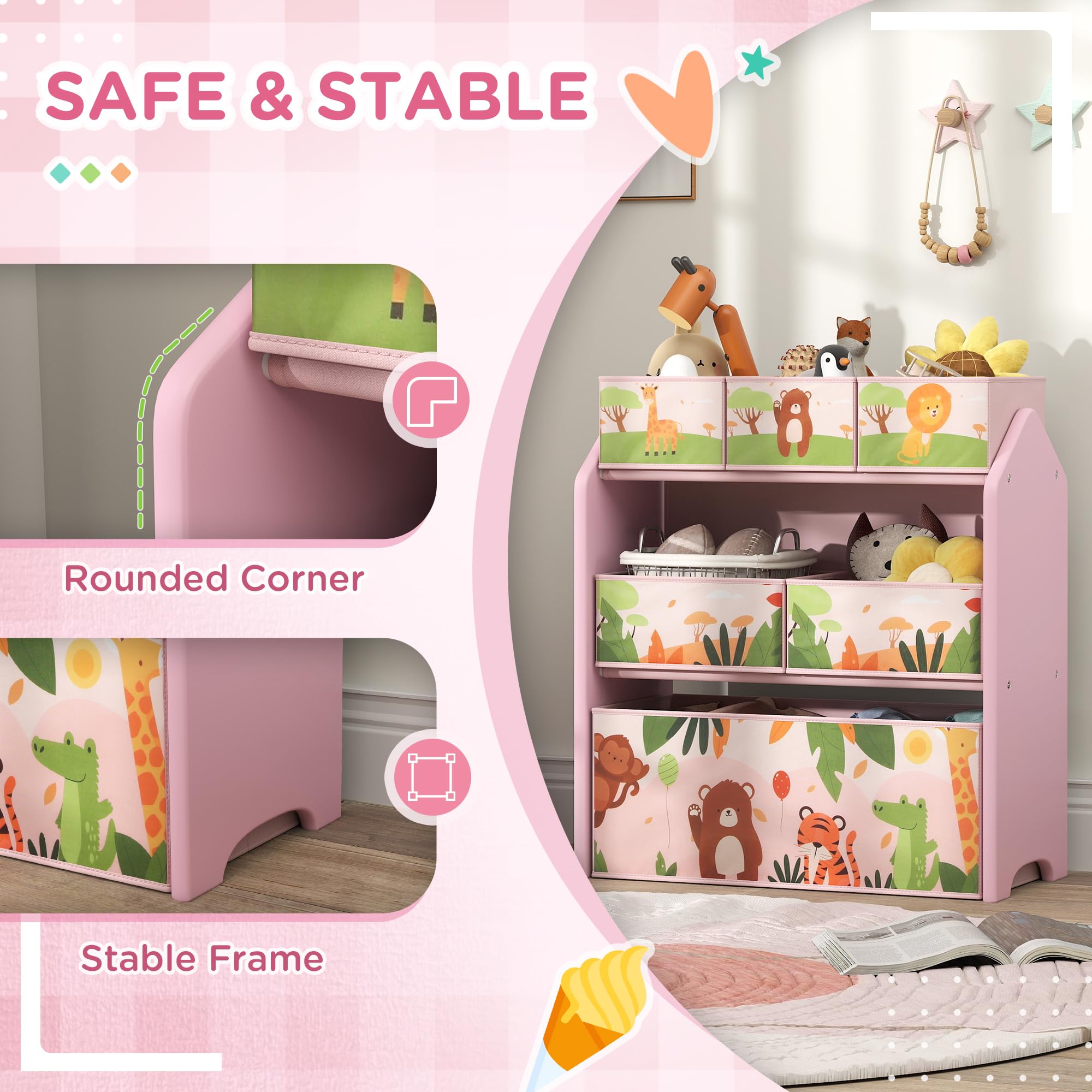 AIYAPLAY Unidad almacenaje 3 Niveles Estante Juguetes Sala Juegos Rosa | 6 cajas de almacenamiento extraíbles, dormitorio, cuarto infantil, cuarto infantil
