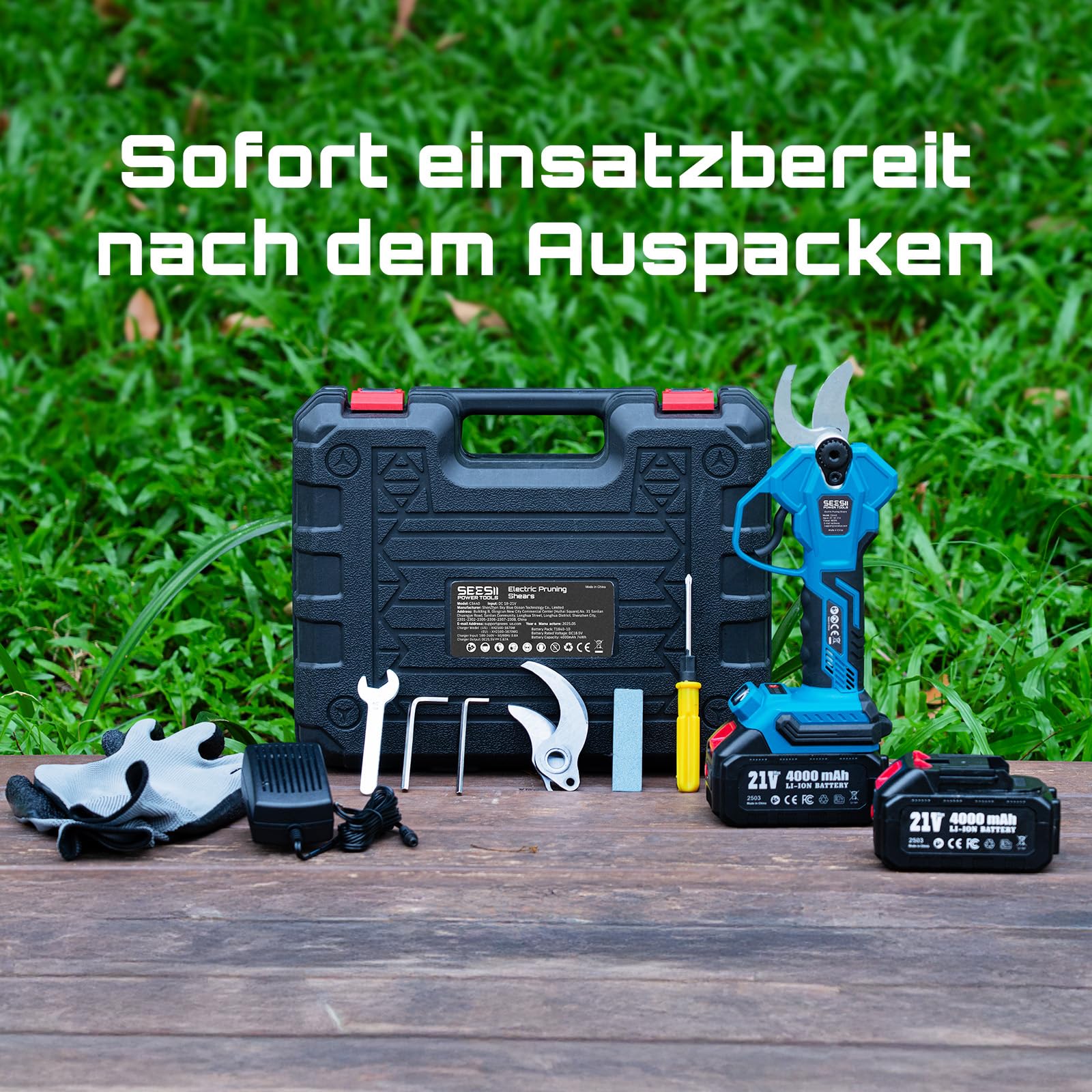 SEESII Akku Astschere 40 mm – Elektrische Gartenschere mit 2 * 4000 mAh Akkus, SK5-Klinge, Bürstenlosem Motor, LCD-Anzeige, Für Obstgärten, Landschaftspflege und Professionelle Gartenarbeiten, CS440