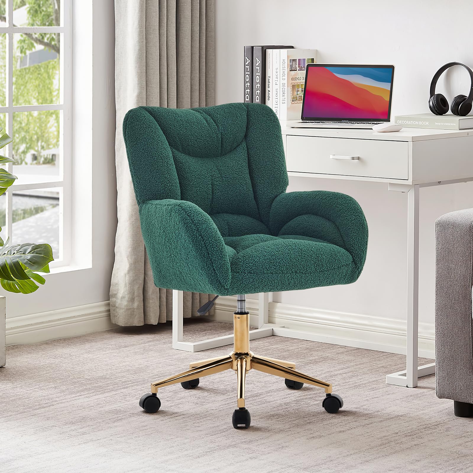 Hommoo Home Office Desk Chair Comfy Sherpa Height Adjustable Vanity Chair with Wheels and Arms Modern Rolling Desk Chair 360°Swivel Gold Frame for