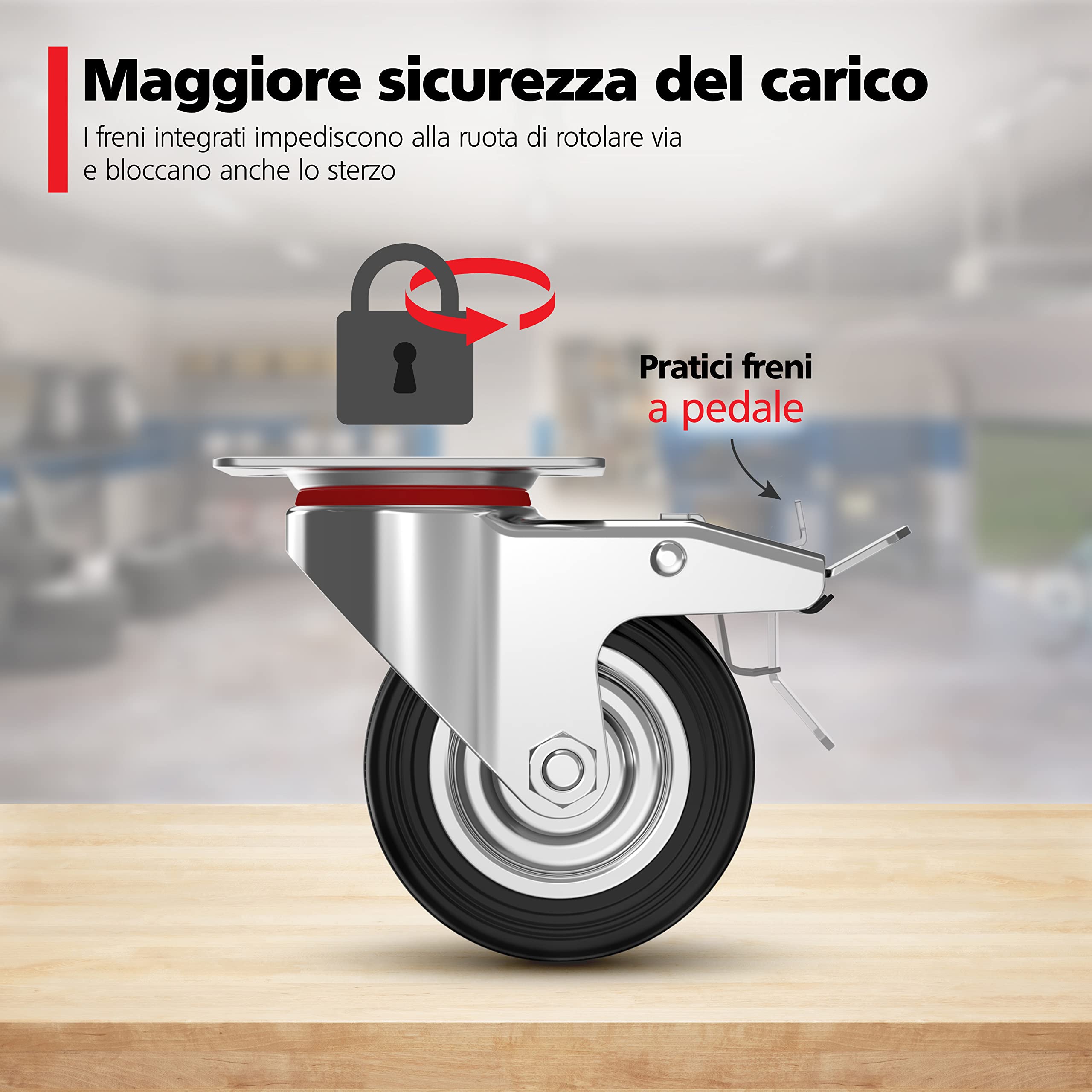 RAVN HAMAN Set da 4 Ruote per carichi pesanti 75 mm - Ruote pivontanti per mobili con freno fino a 50 kg per ruota - Ruote girevoli per uso interno ed esterno - Rotelle piroettanti