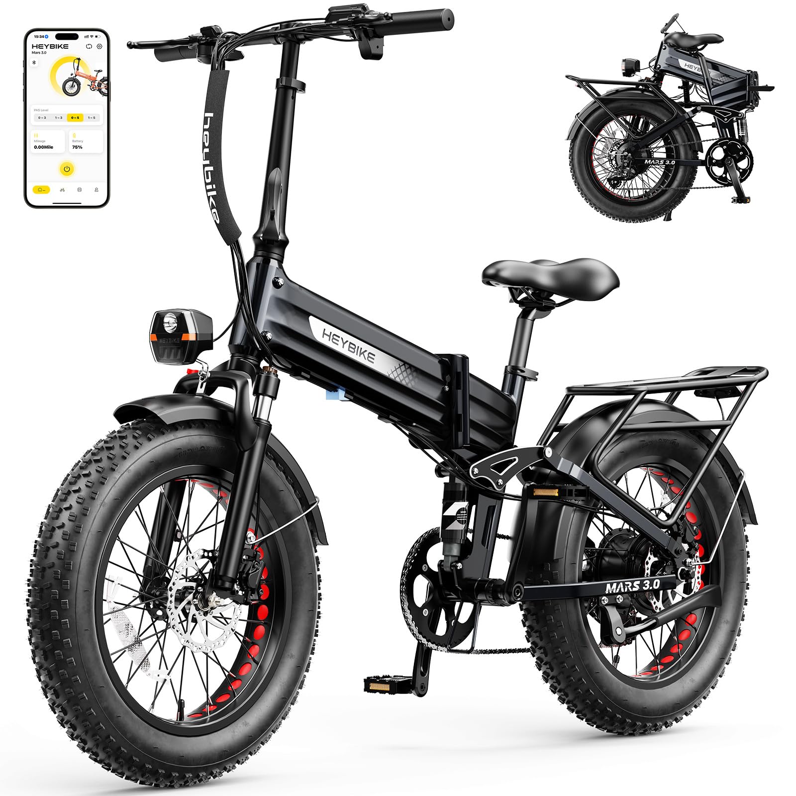 Heybike Mars 3.0 Foldable Electric Bike, UL2849 Certified, 70+Miles Long Range, 1400W Peak Motor 32MPH, 624WH Removable Battery, 20"*4 Fat Tire Ebike for Snow, Commute, NFC Unlock, Full Suspension