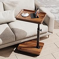 SJIE Walnut C-Shaped End Table: Adjustable Height, 360° Swivel TV Tray with Wheels for Couch, Bed & Small Spaces